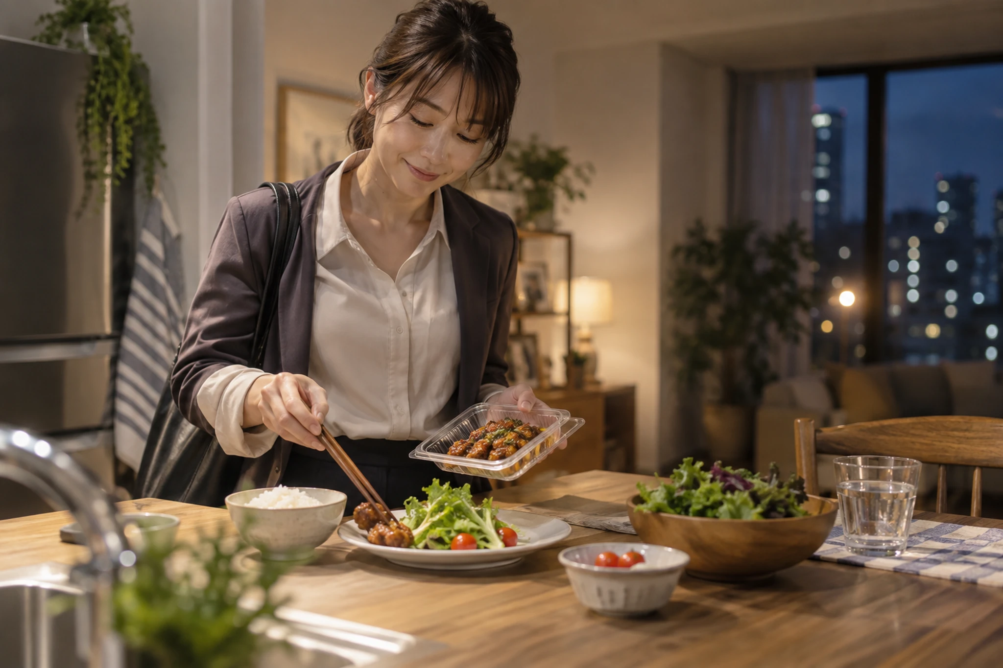 仕事帰りに惣菜を組み合わせて一食にする女性