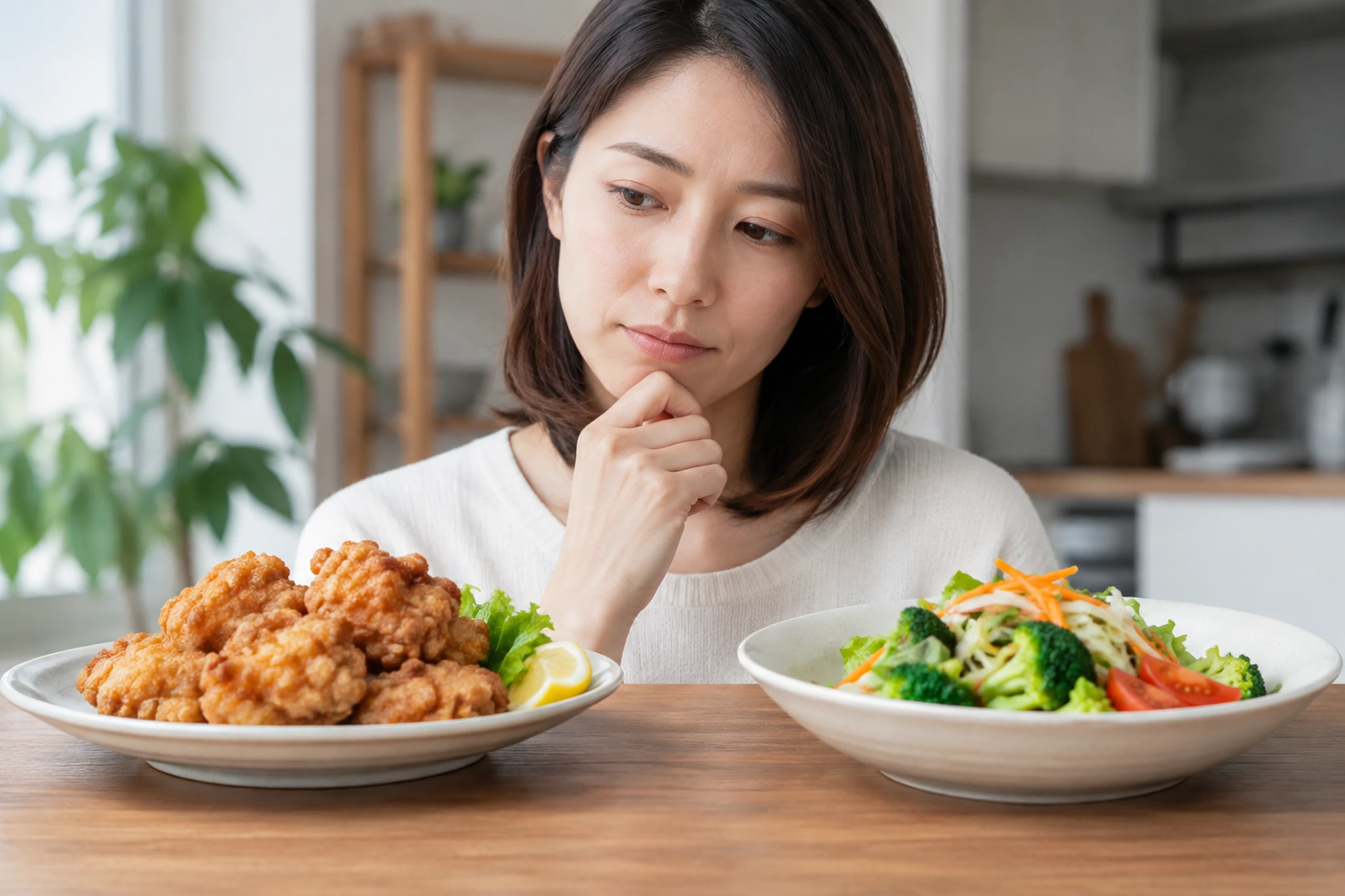 揚げ物と野菜の惣菜を比較する食卓
