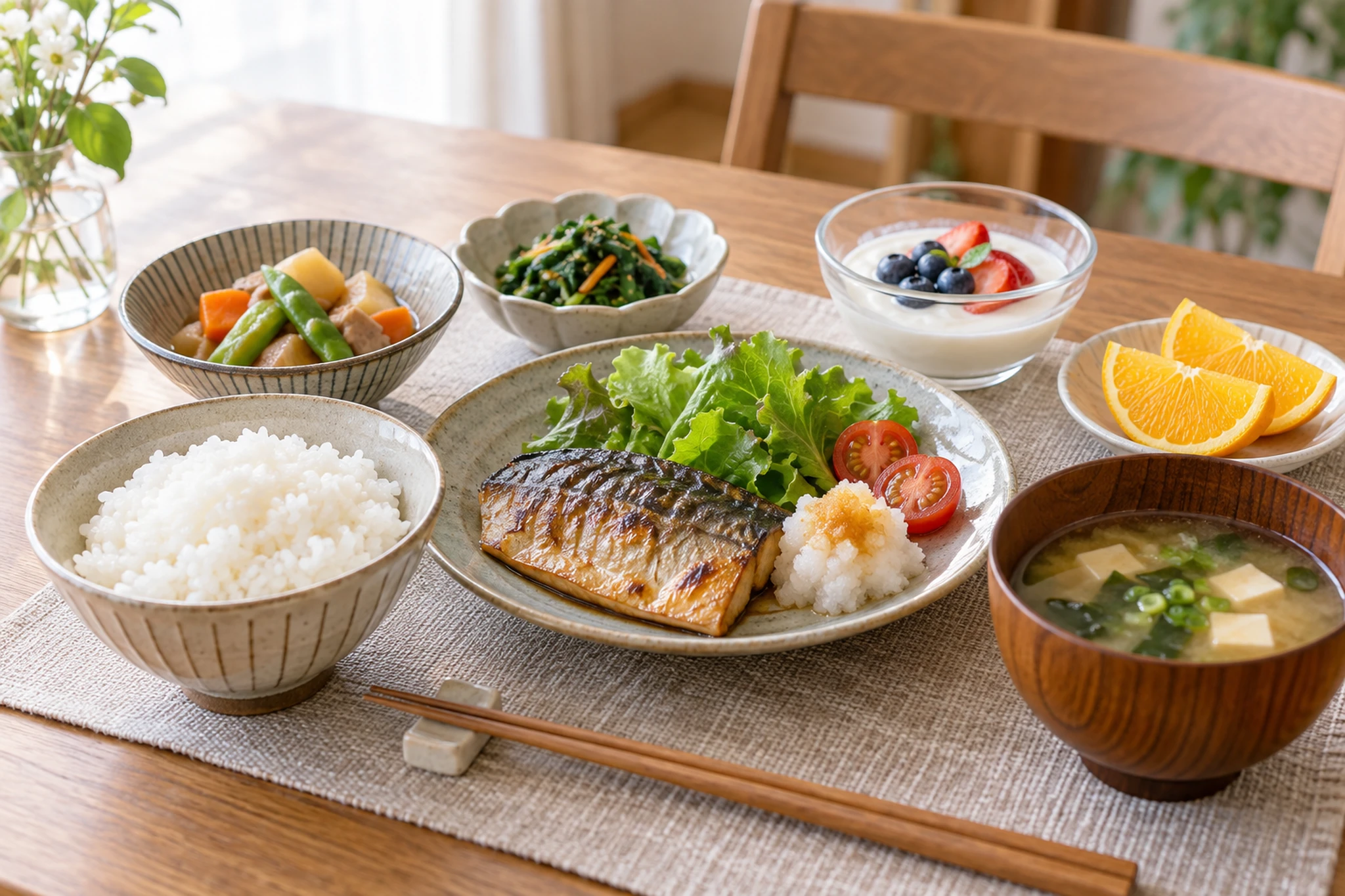 主食主菜副菜などを組み合わせた一人分の惣菜の食事