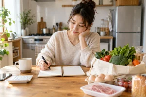 一人暮らしの自炊をノートで考える女性