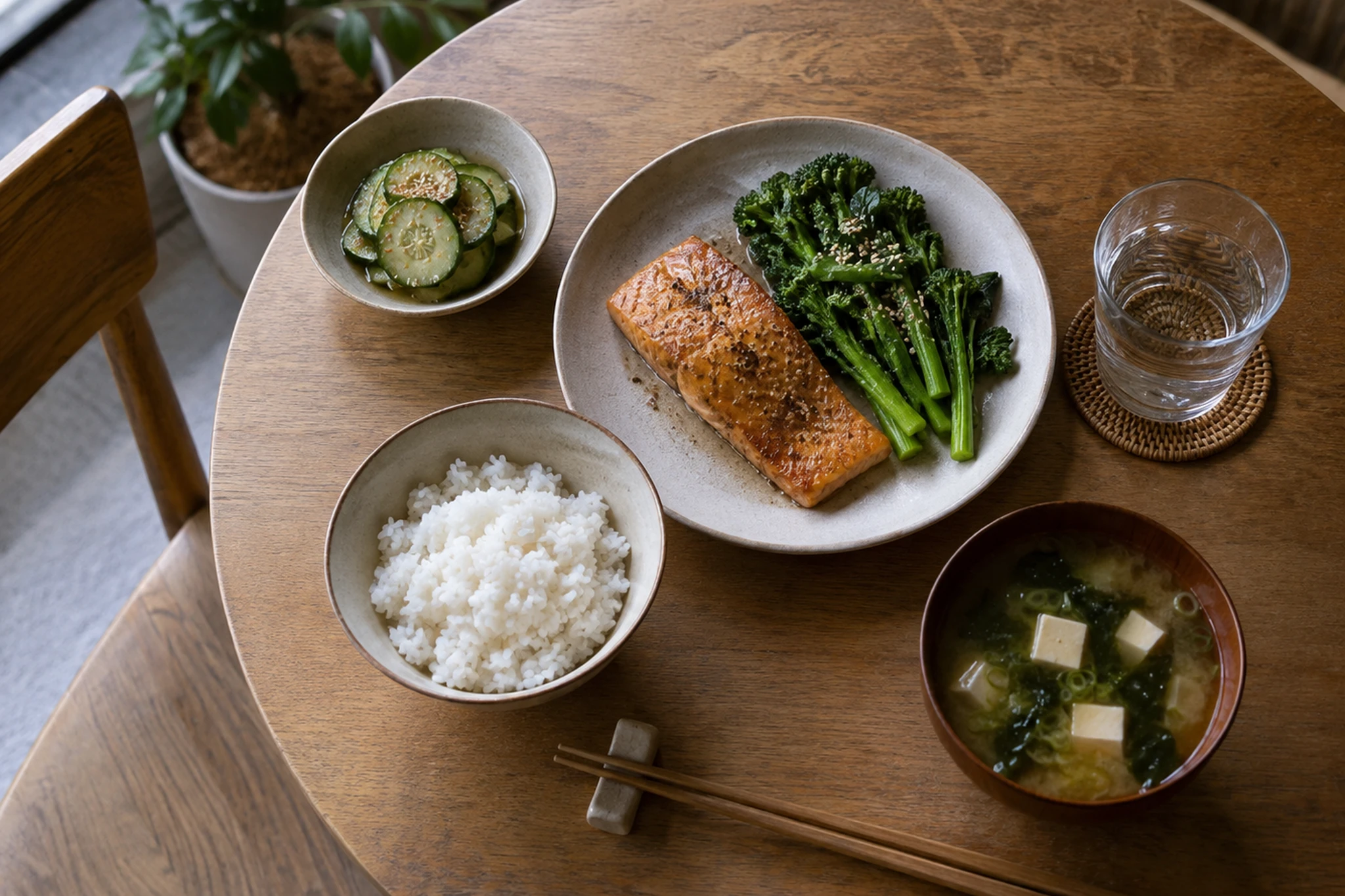 ご飯と卵と汁物を一人分準備する女性