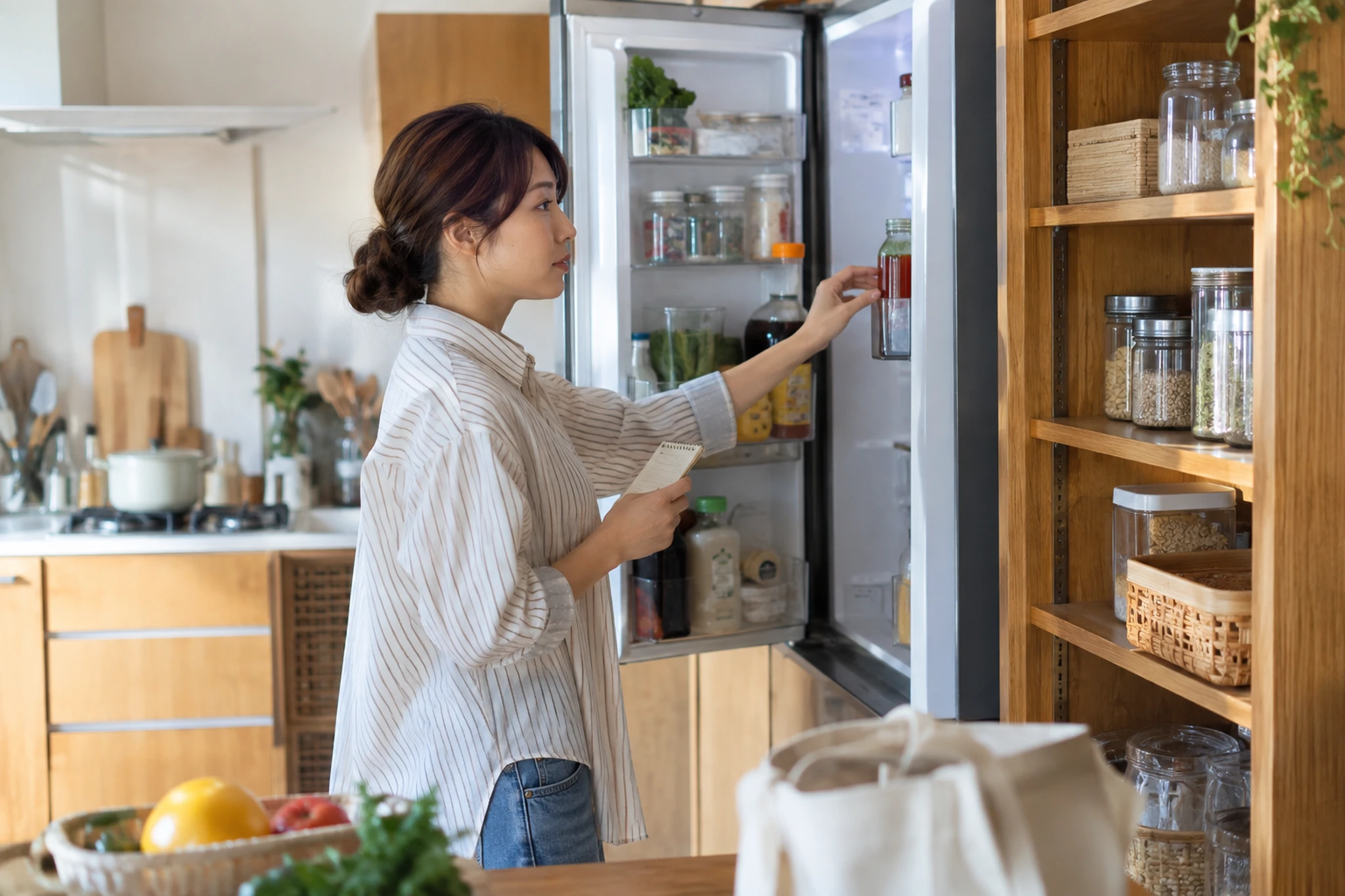 作り置きと購入した食品を一人分に分ける女性