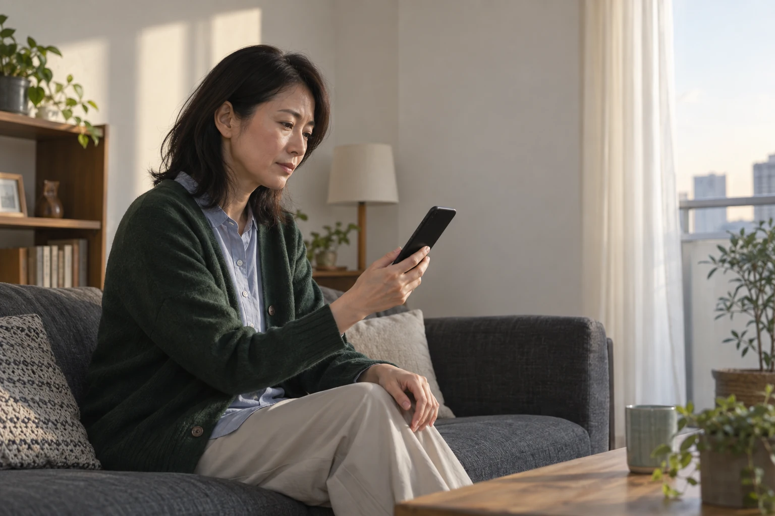 自宅でエラボトックスの予約をいったん考える女性