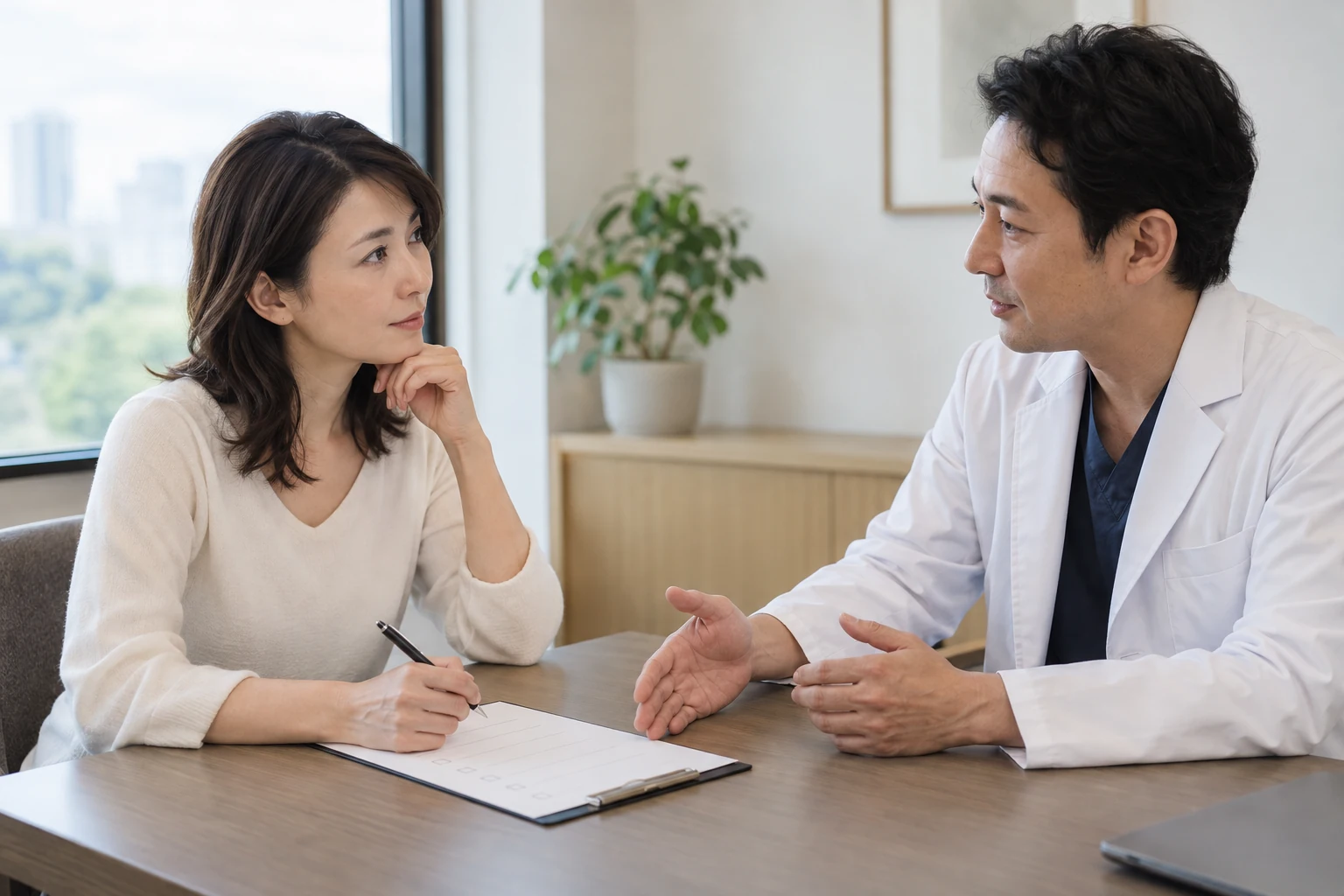 医師にエラボトックスの製品とリスクを質問する相談場面