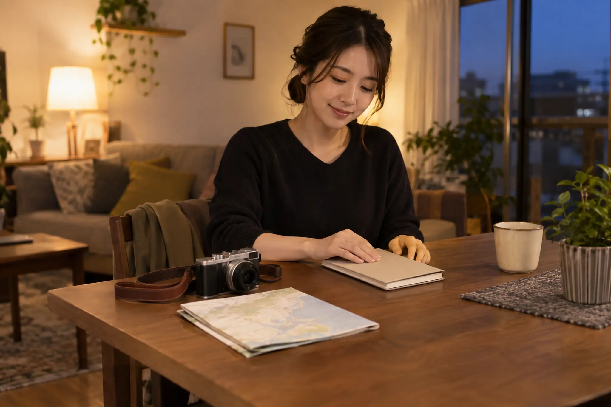 日帰り旅から帰宅して次回の条件を振り返る場面
