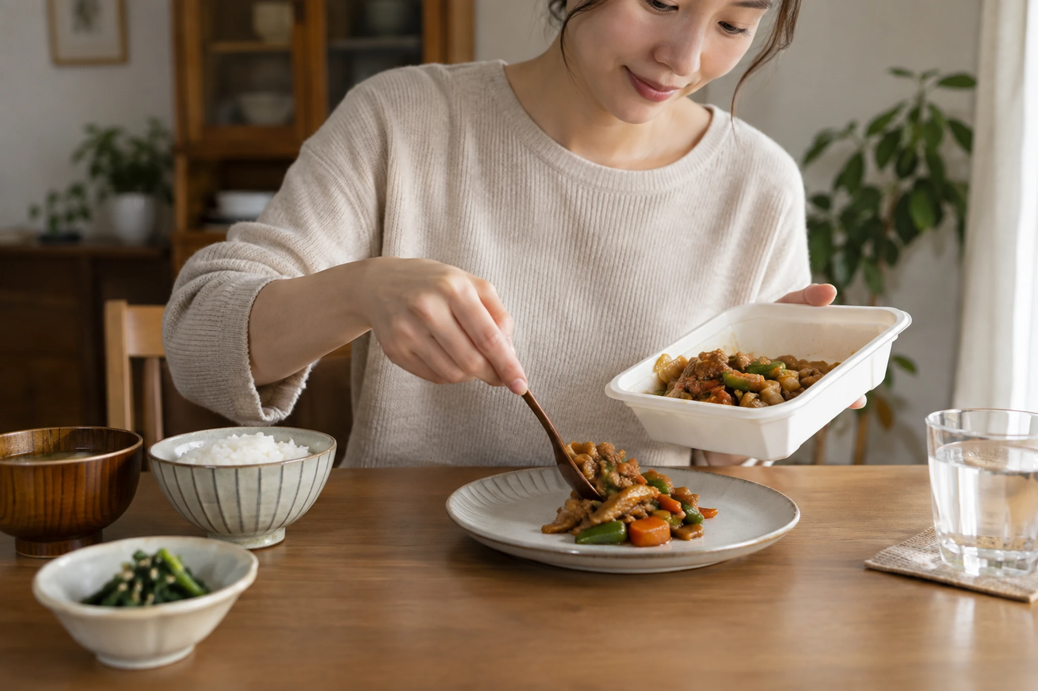 宅配弁当を無地の皿へ移して一人分の食事量を確認する様子