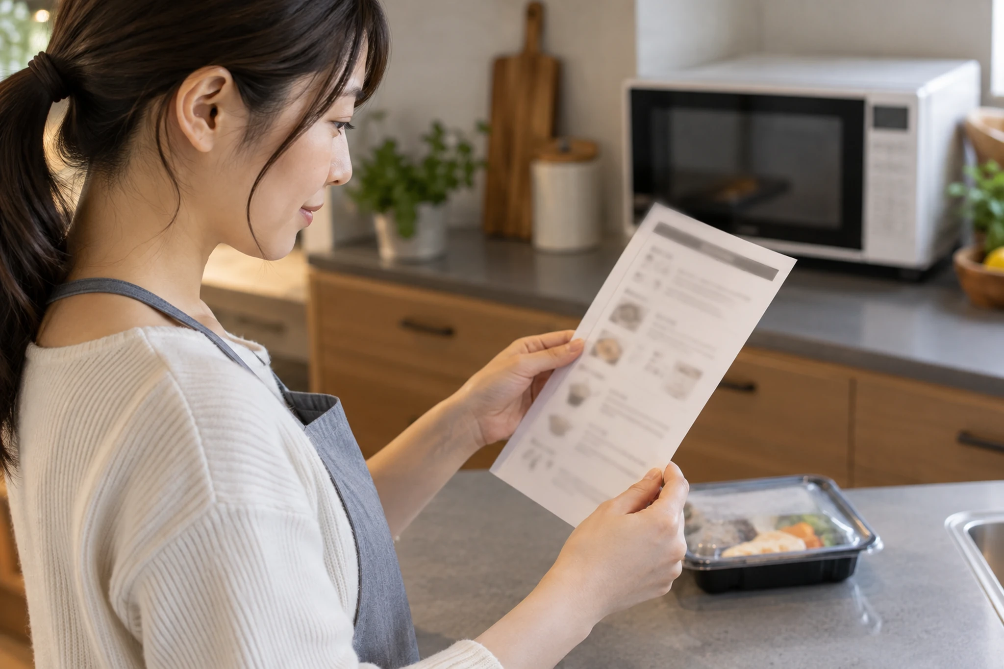 宅配弁当の保存と温め方の案内をキッチンで確認する女性