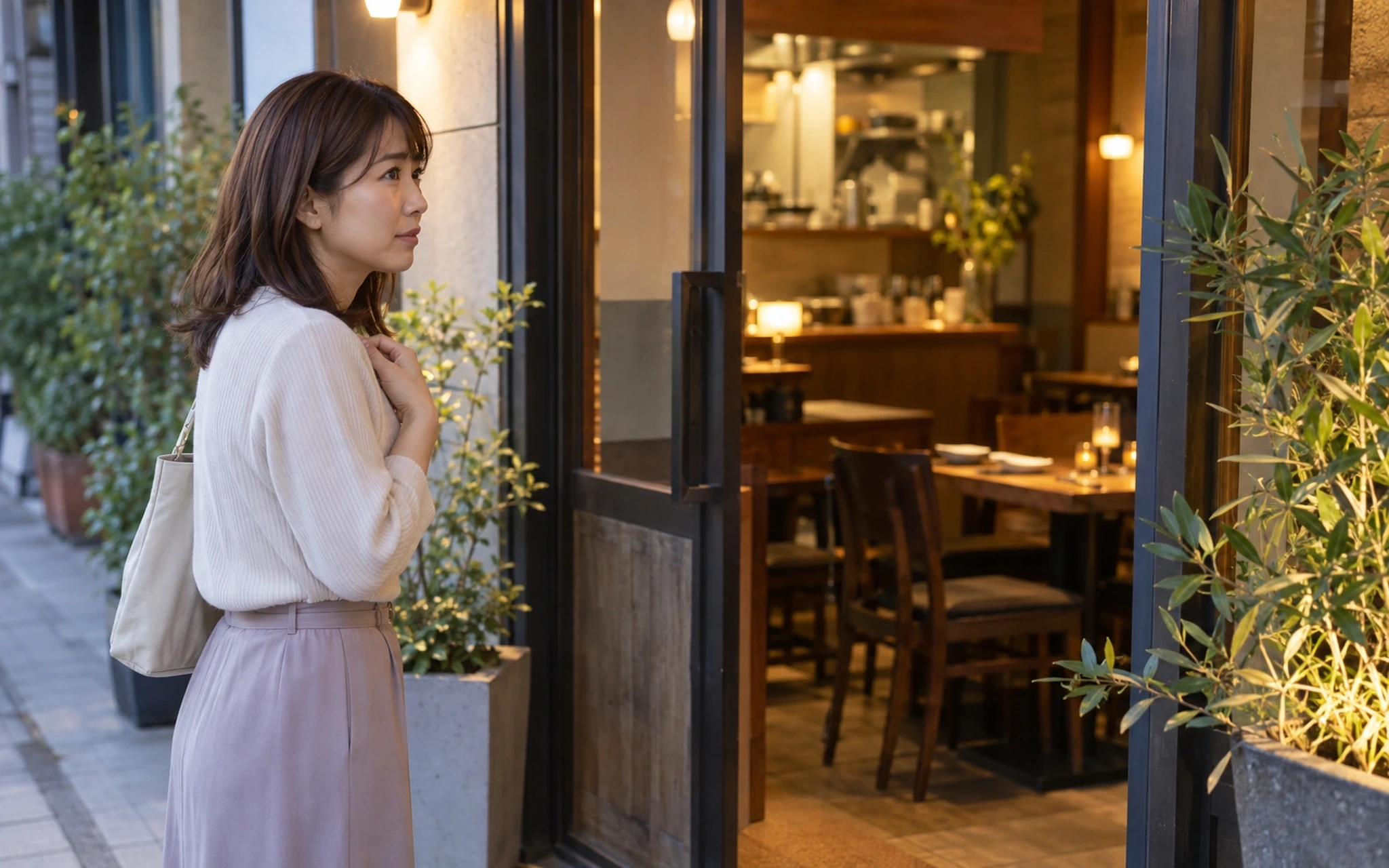 一人で飲食店に入る前に店内を確認する女性