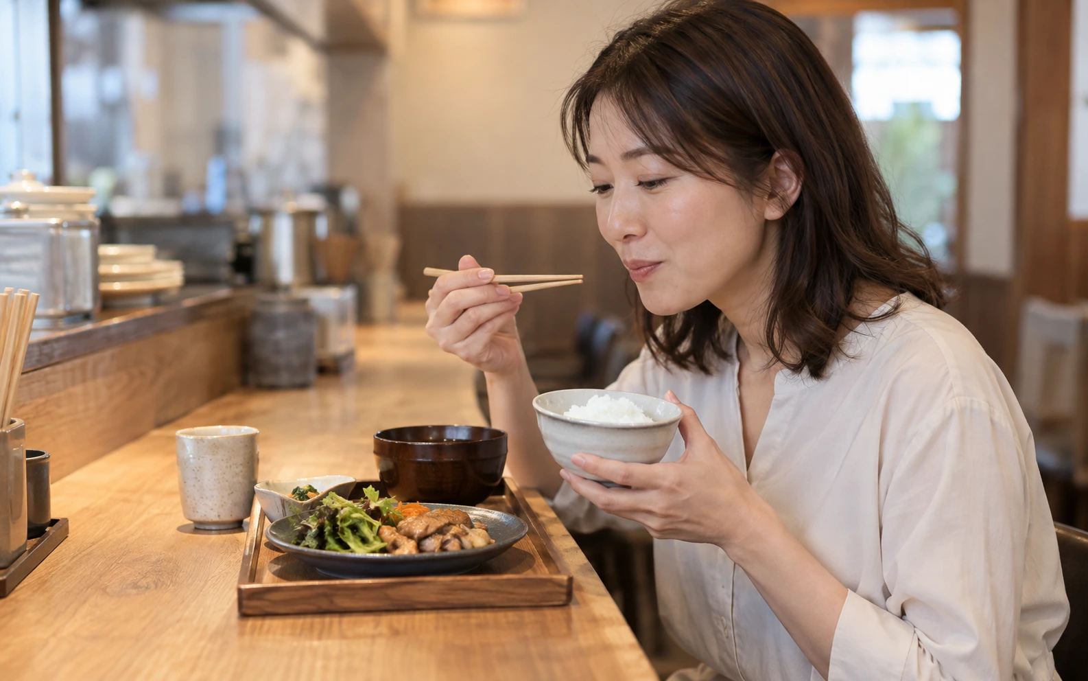 カウンター席で一人分の食事を取るイメージ