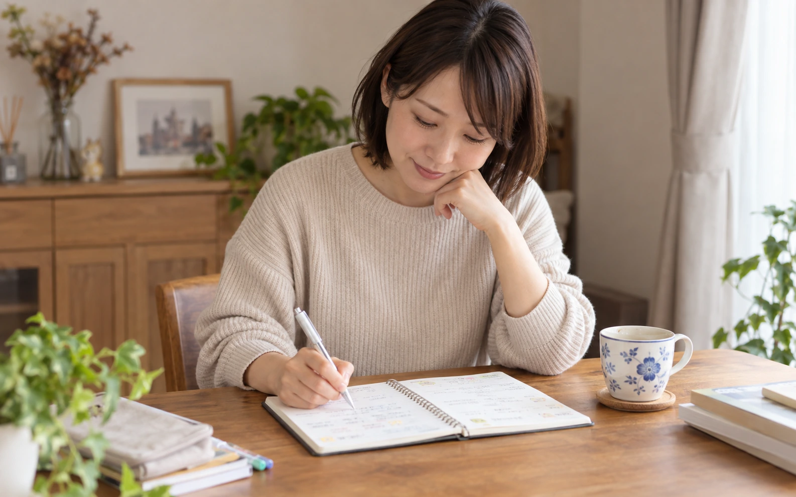 一人外食でできたことをノートに振り返るイメージ
