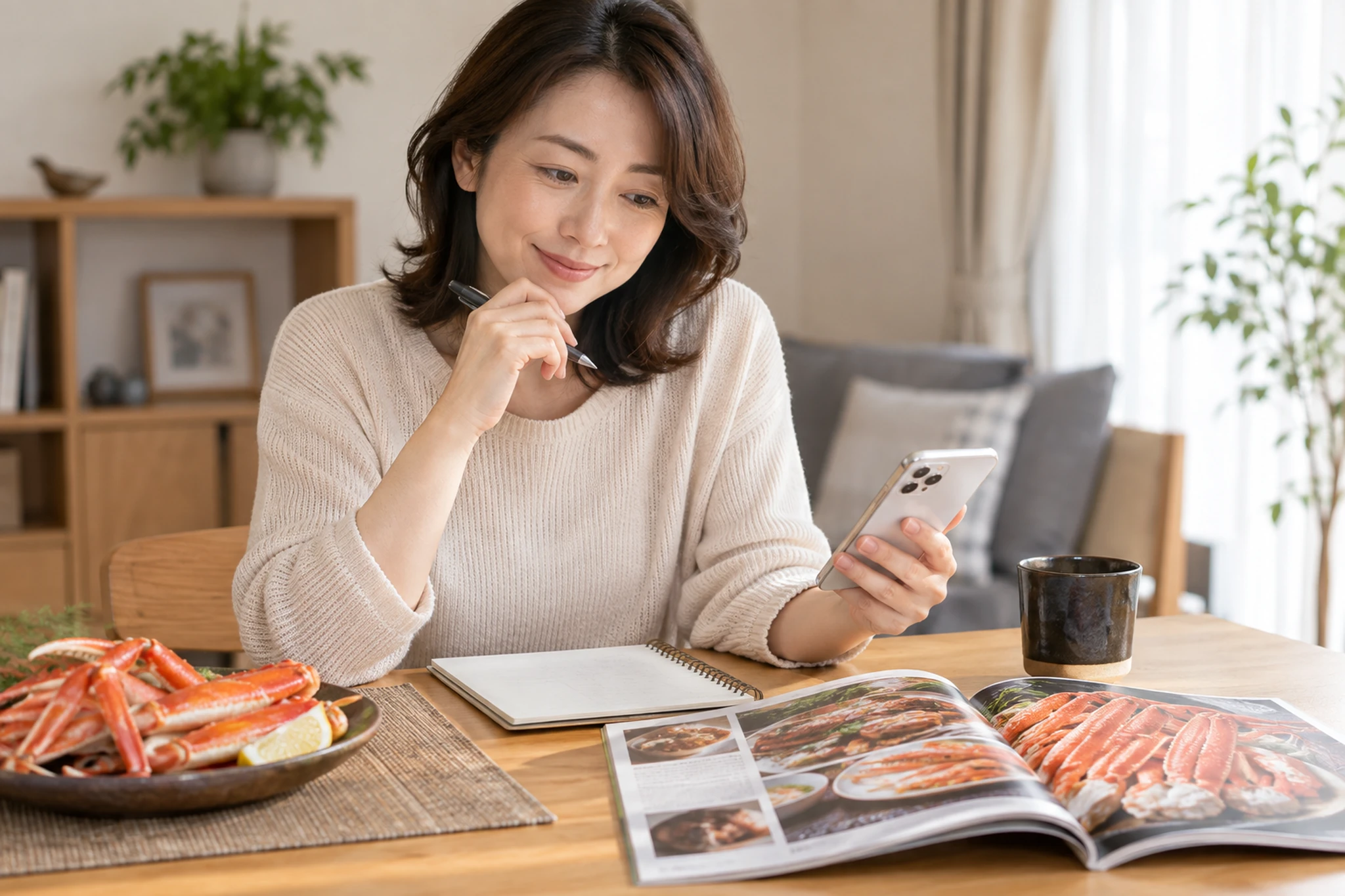 カニ食べ放題へ一人で行く条件をメモする日本人女性
