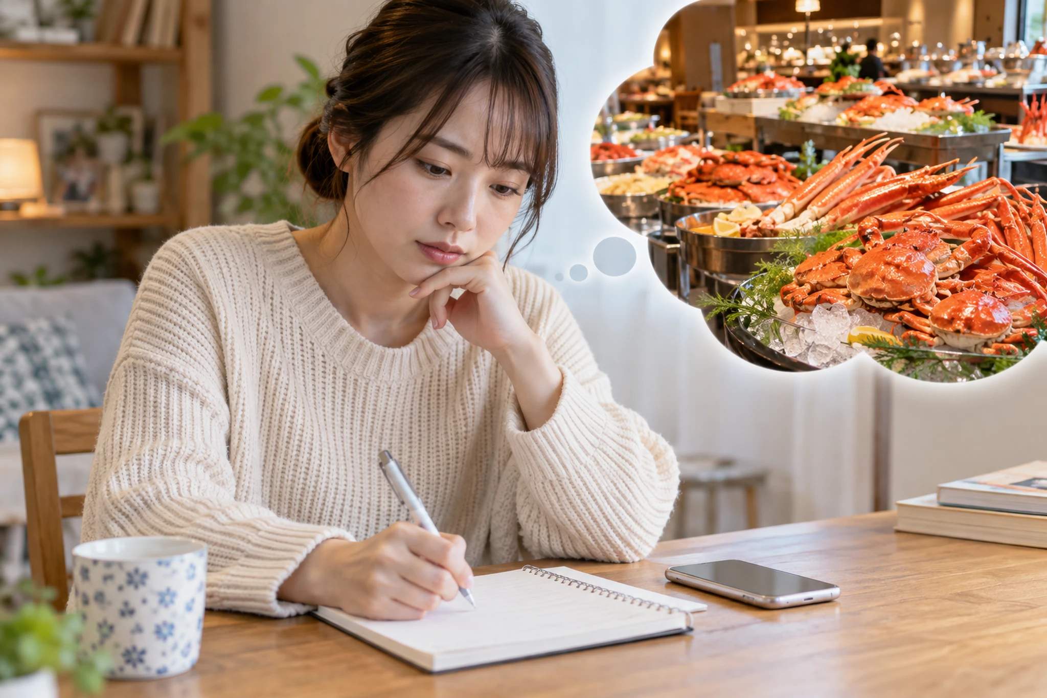 カニ食べ放題へ一人で行く条件をメモする日本人女性