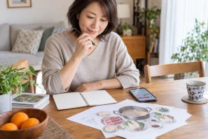しゃぶしゃぶ食べ放題の利用方法を確認する女性