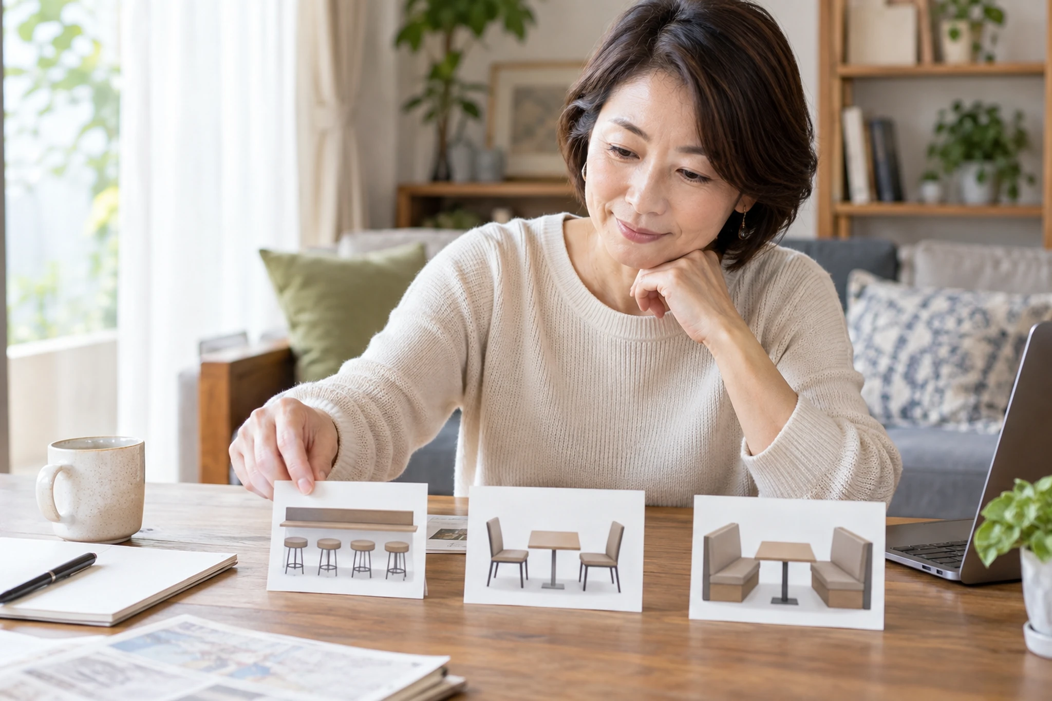 一人利用の席の種類を自宅で比較する女性
