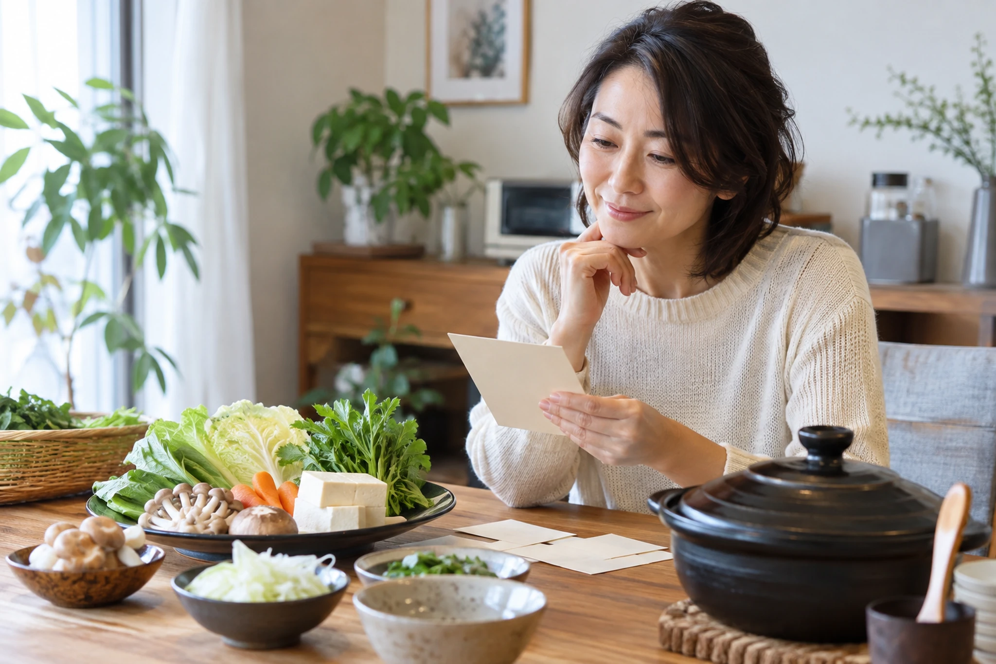 しゃぶしゃぶの野菜やきのこを少量ずつ選ぶイメージ