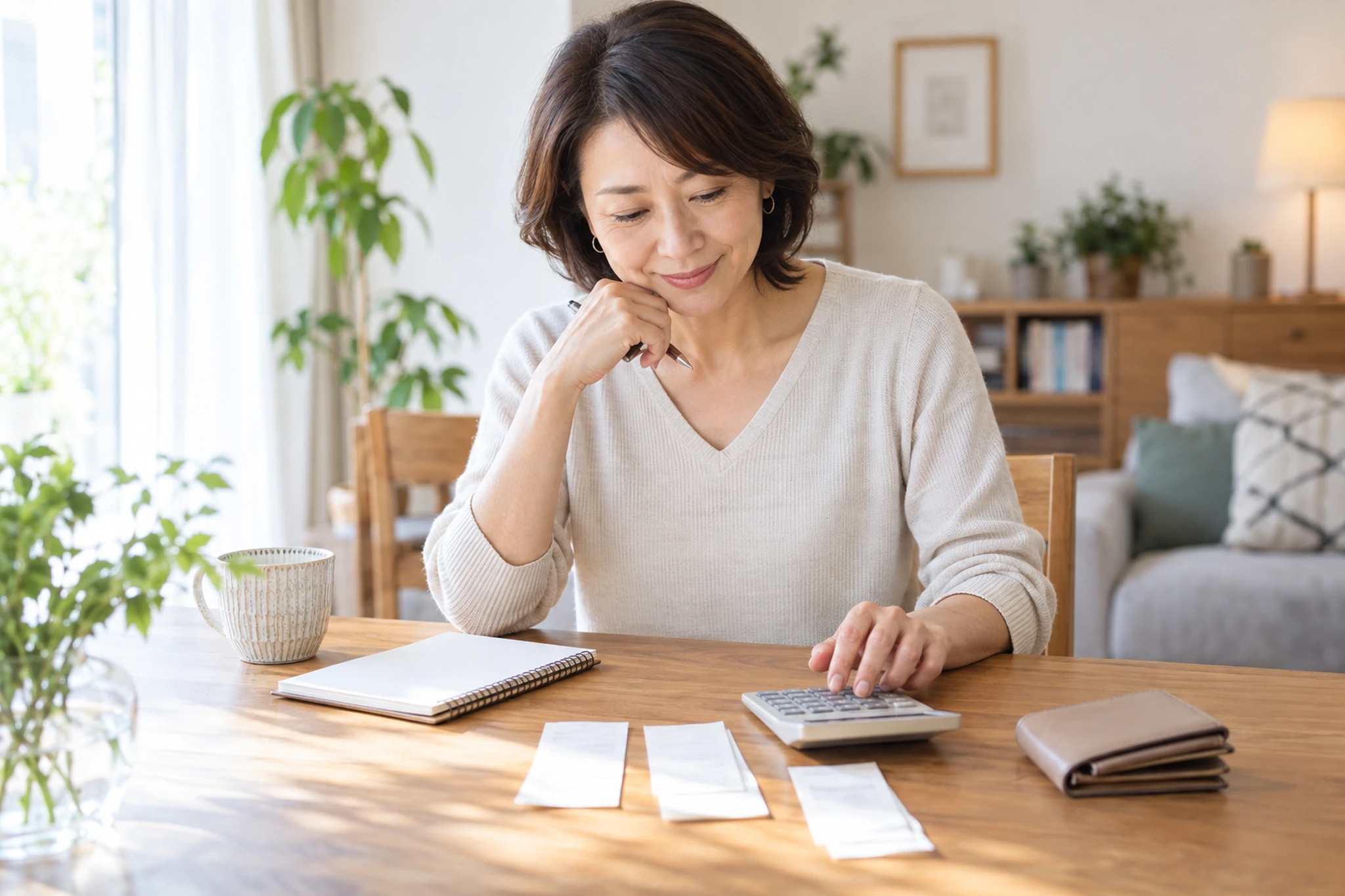 しゃぶしゃぶ食べ放題の予算を計算する女性