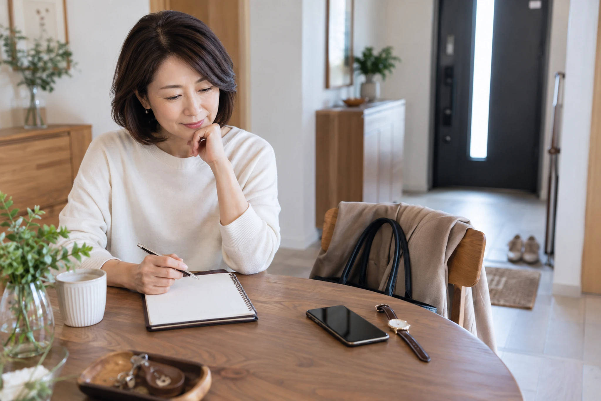 食事の時間と帰る準備を確認する女性