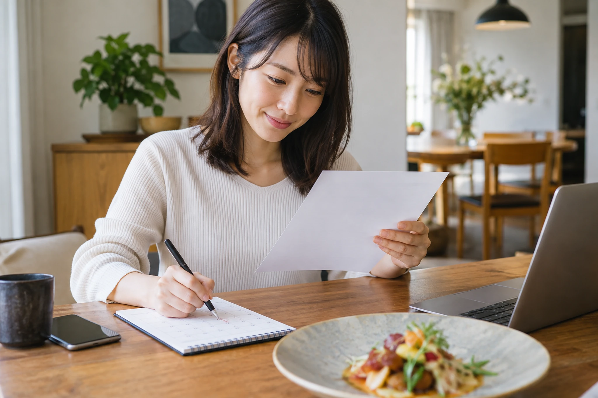 食事の量と予算を確認して追加を判断するイメージ