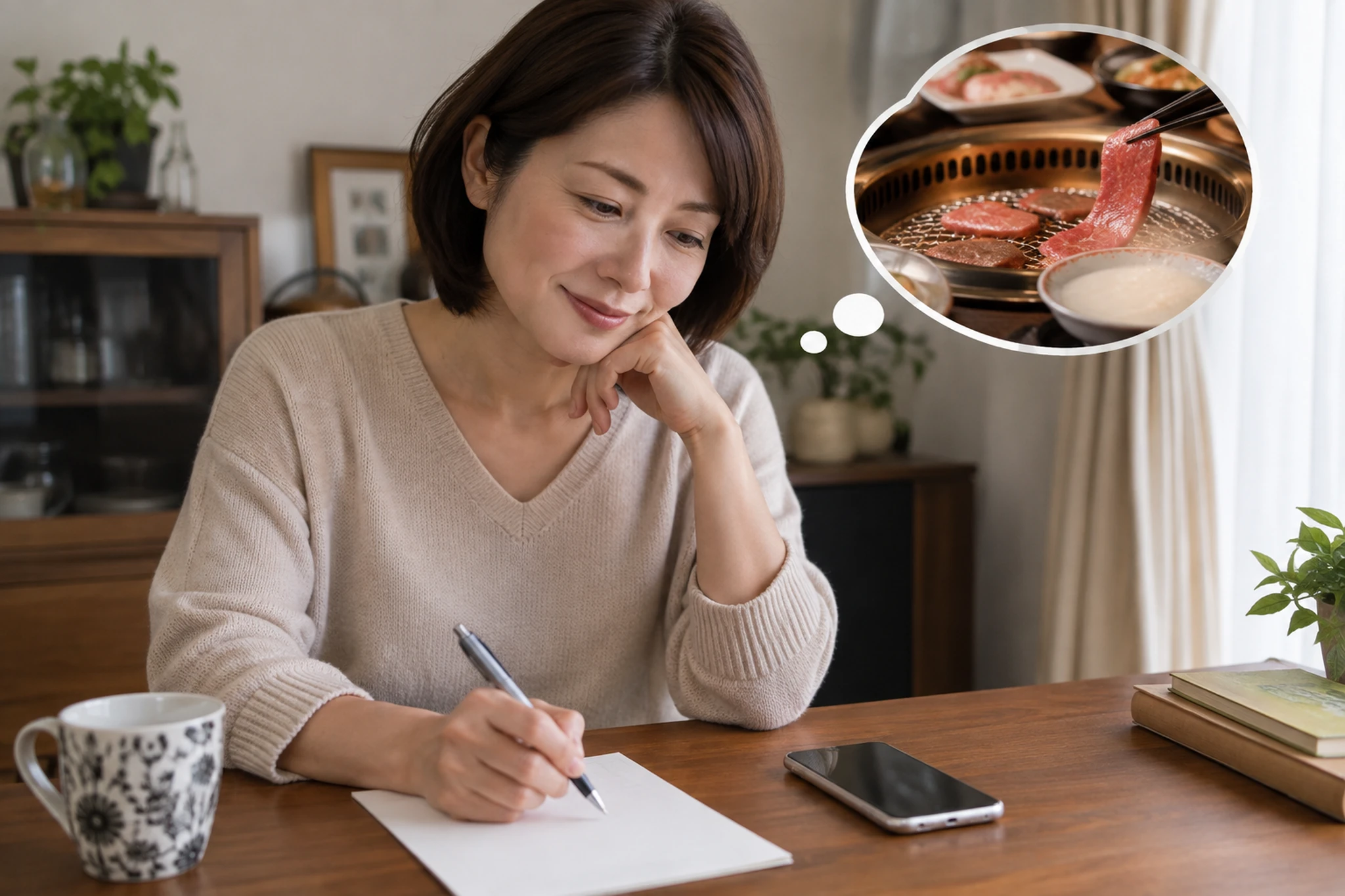 一人焼肉へ行く前に条件をメモする女性