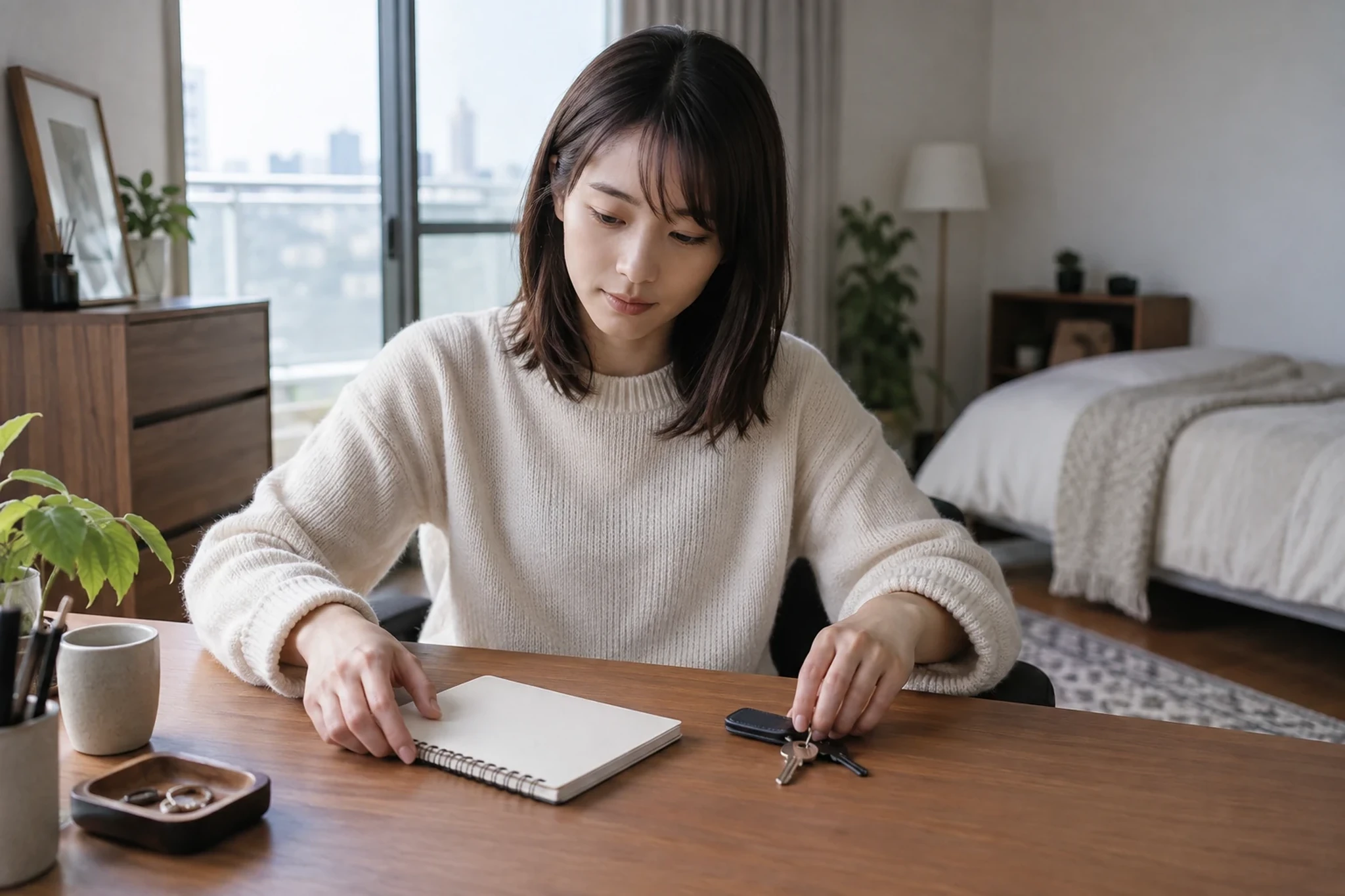 一人暮らしの女性が白紙のノートと鍵を机で整理している様子