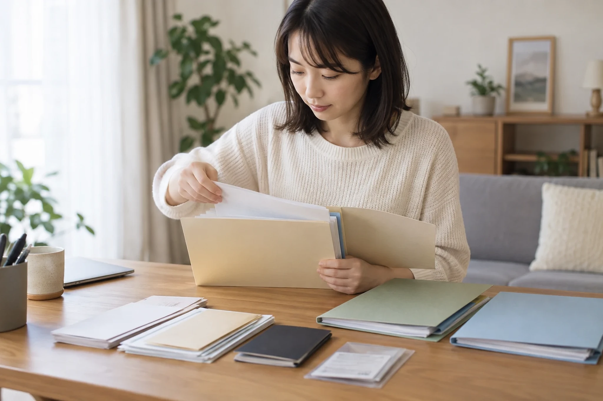 一人暮らしの女性が家の書類を項目ごとに整理している様子