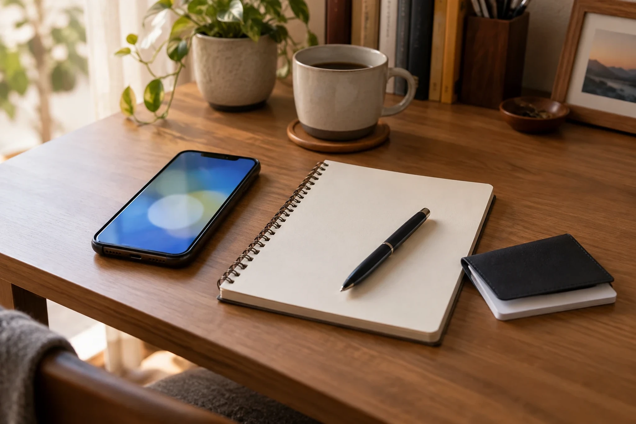 スマートフォンと白紙のノートを並べてデジタルサービスを整理する机