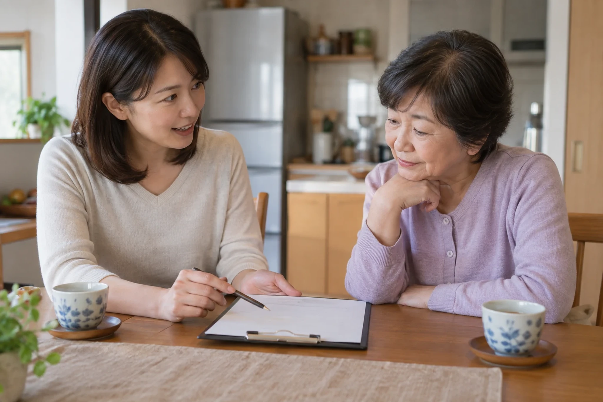 一人暮らしの女性が信頼できる相手とノートの内容を相談している様子
