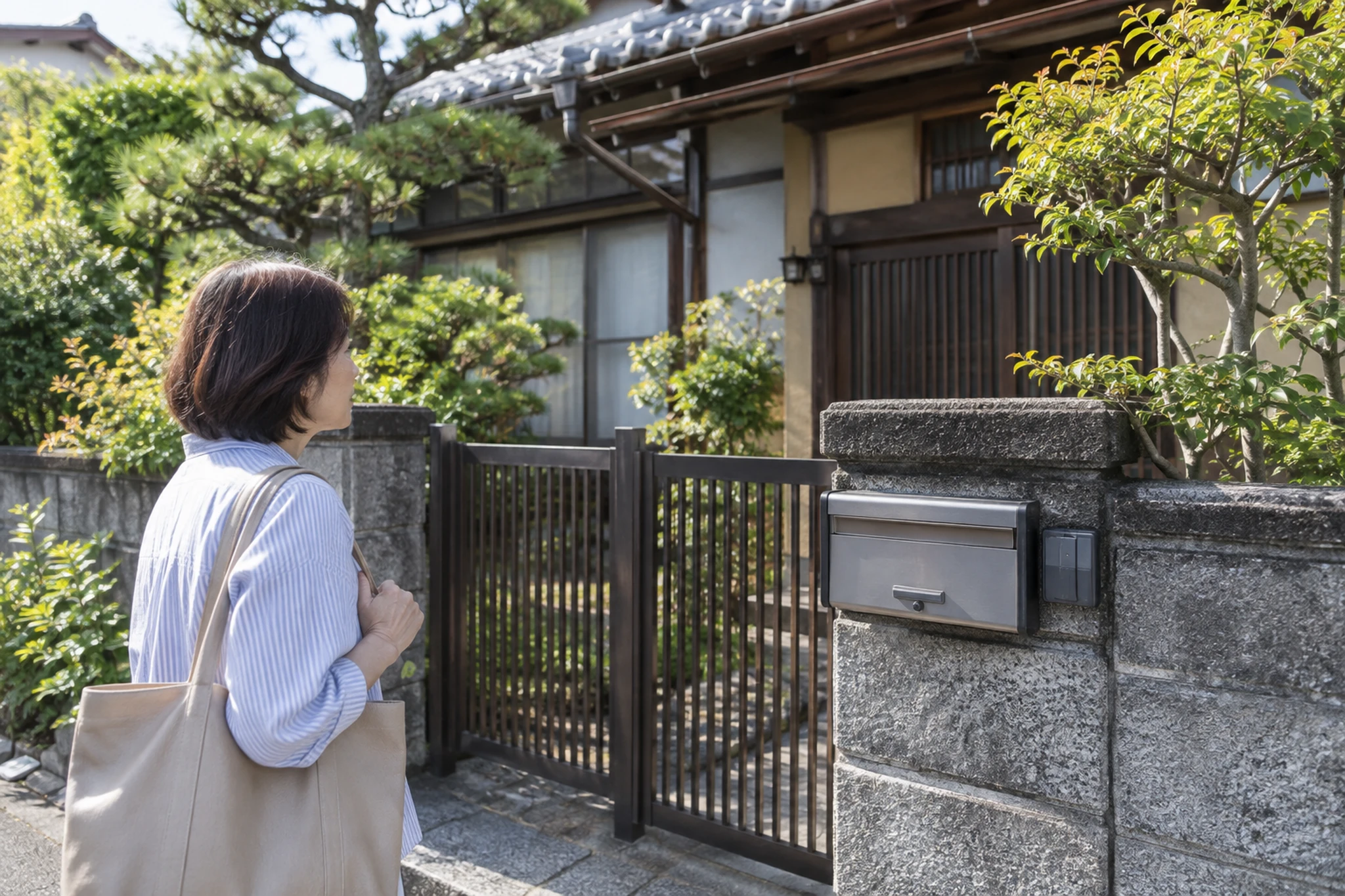空き家になった実家の外観を確認する女性