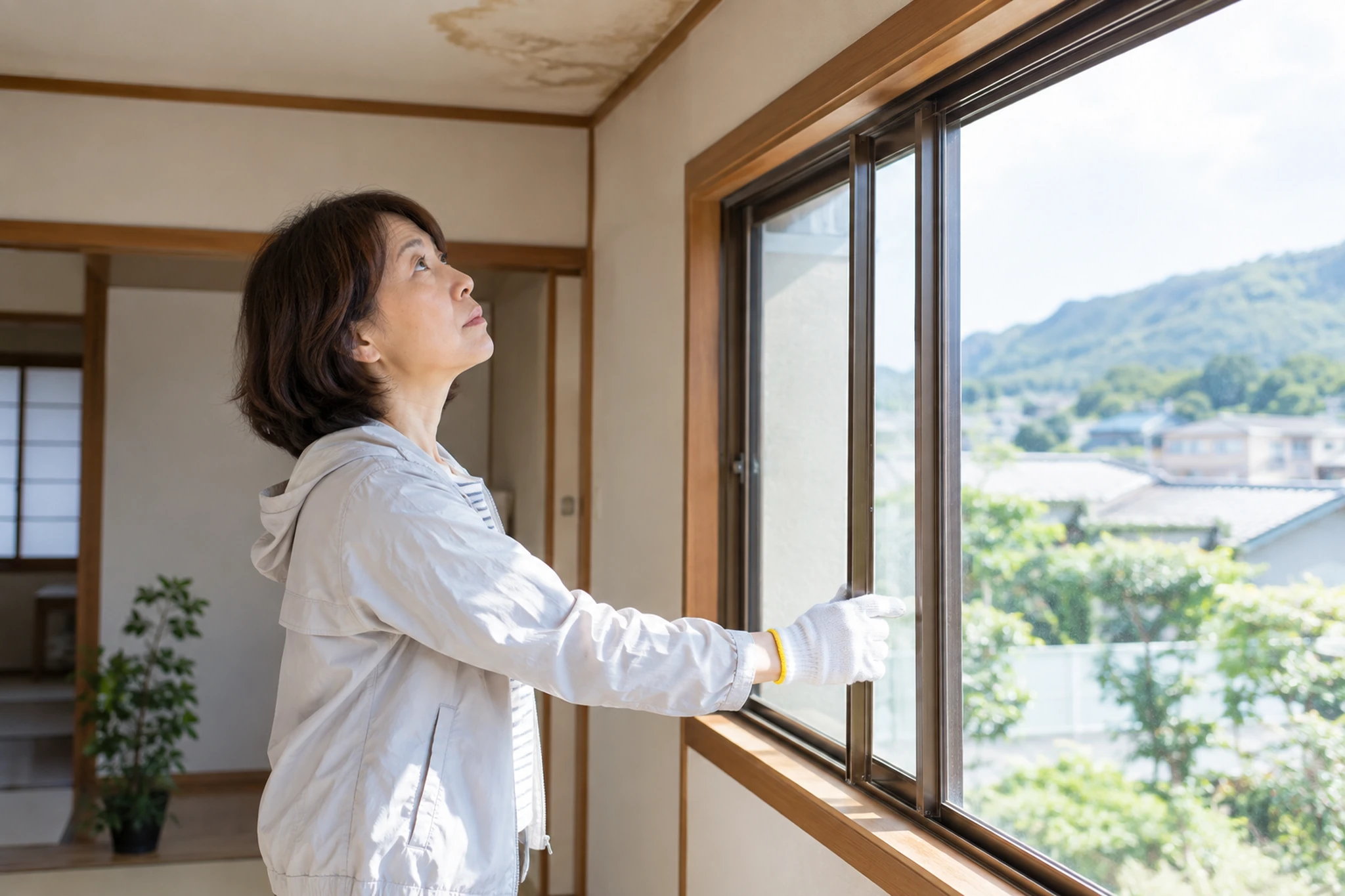 空き家の室内を換気して状態を確認する女性