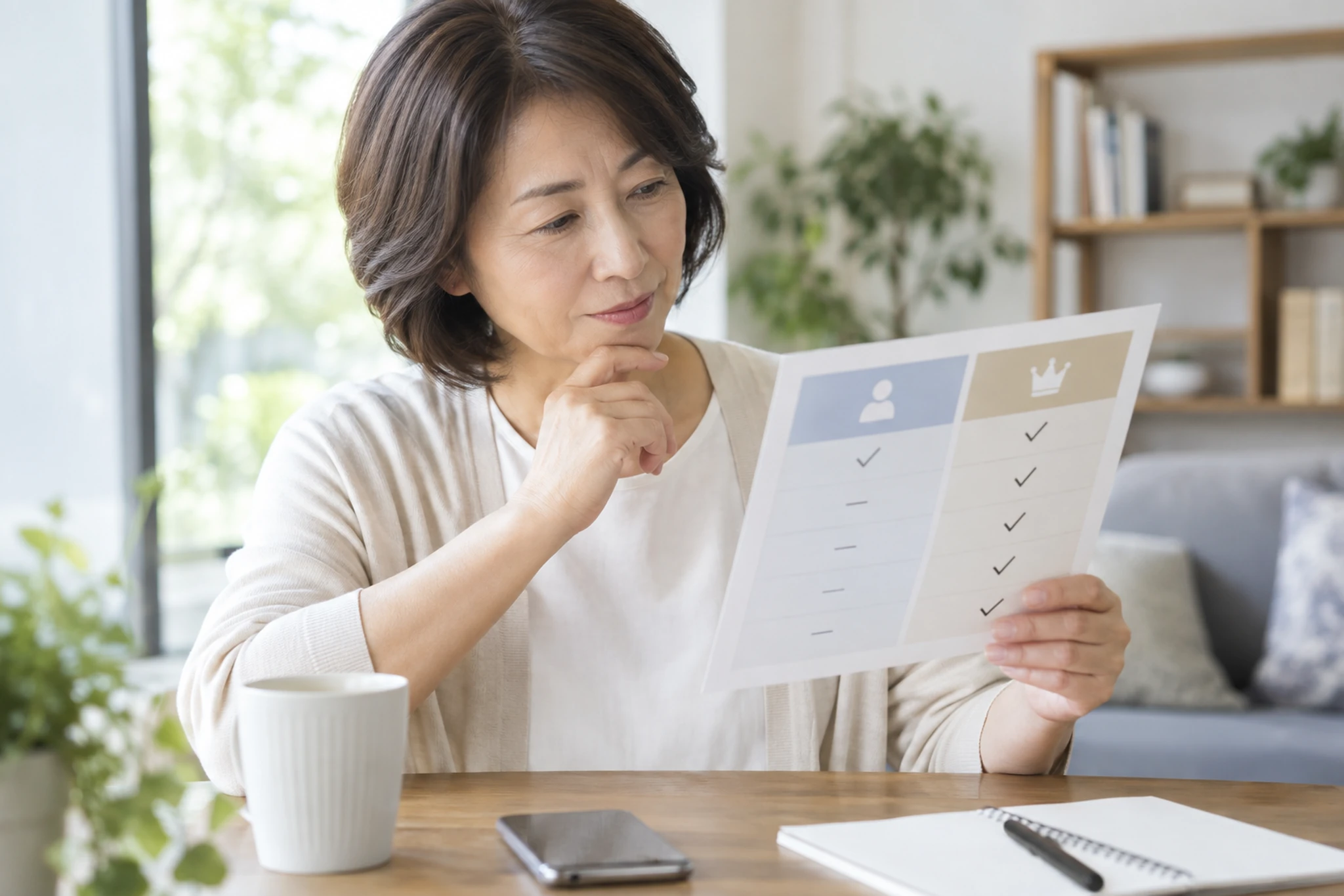 防犯アプリの無料機能と有料サービスを比べる女性