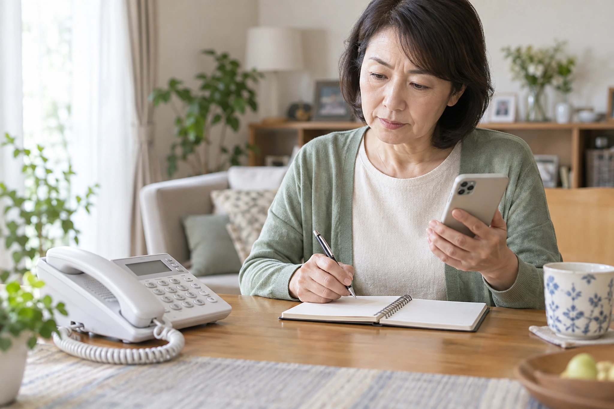 不審な通知をすぐ信じずメモを取って確認する女性