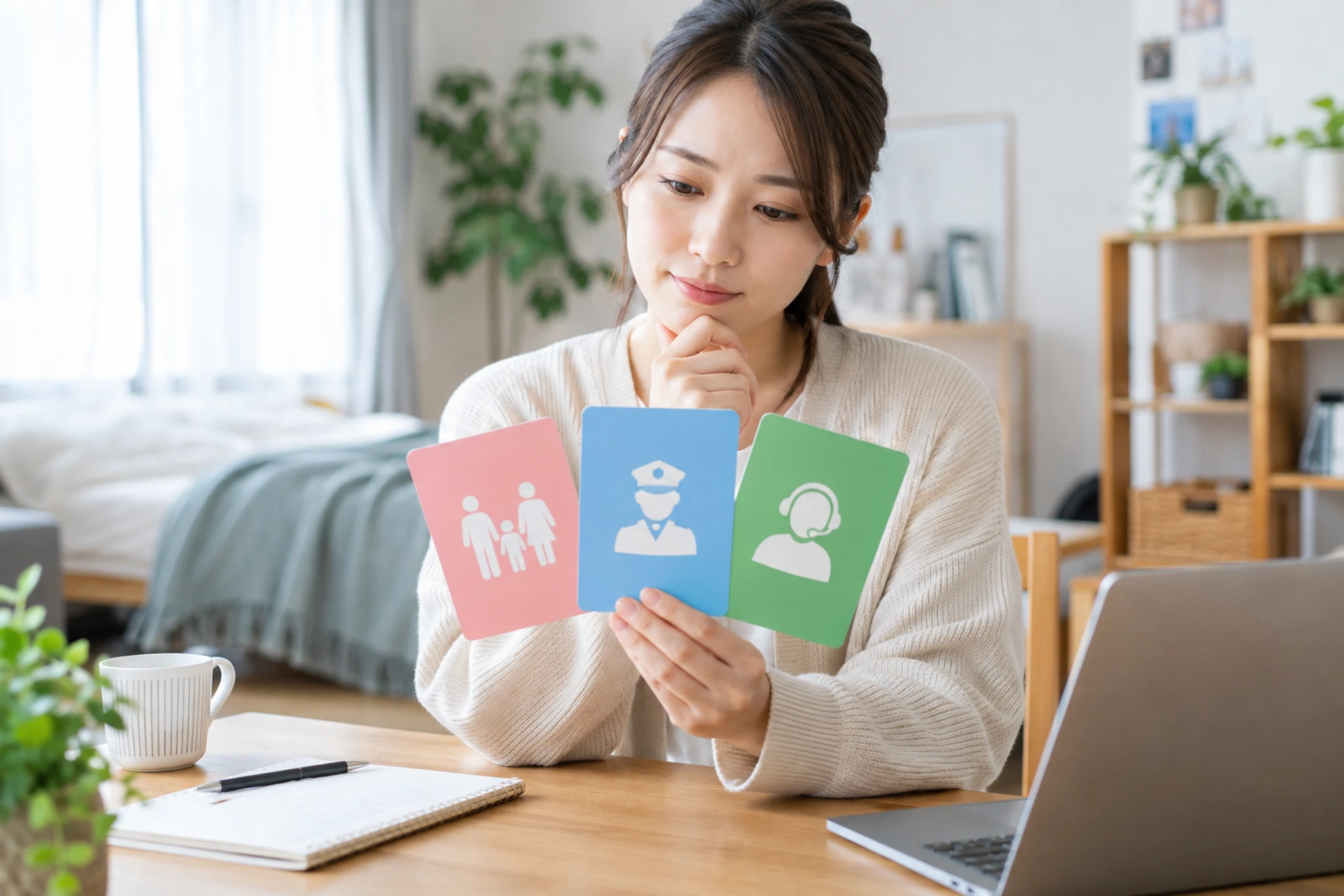 不安な連絡を受けた後に相談先を整理する女性
