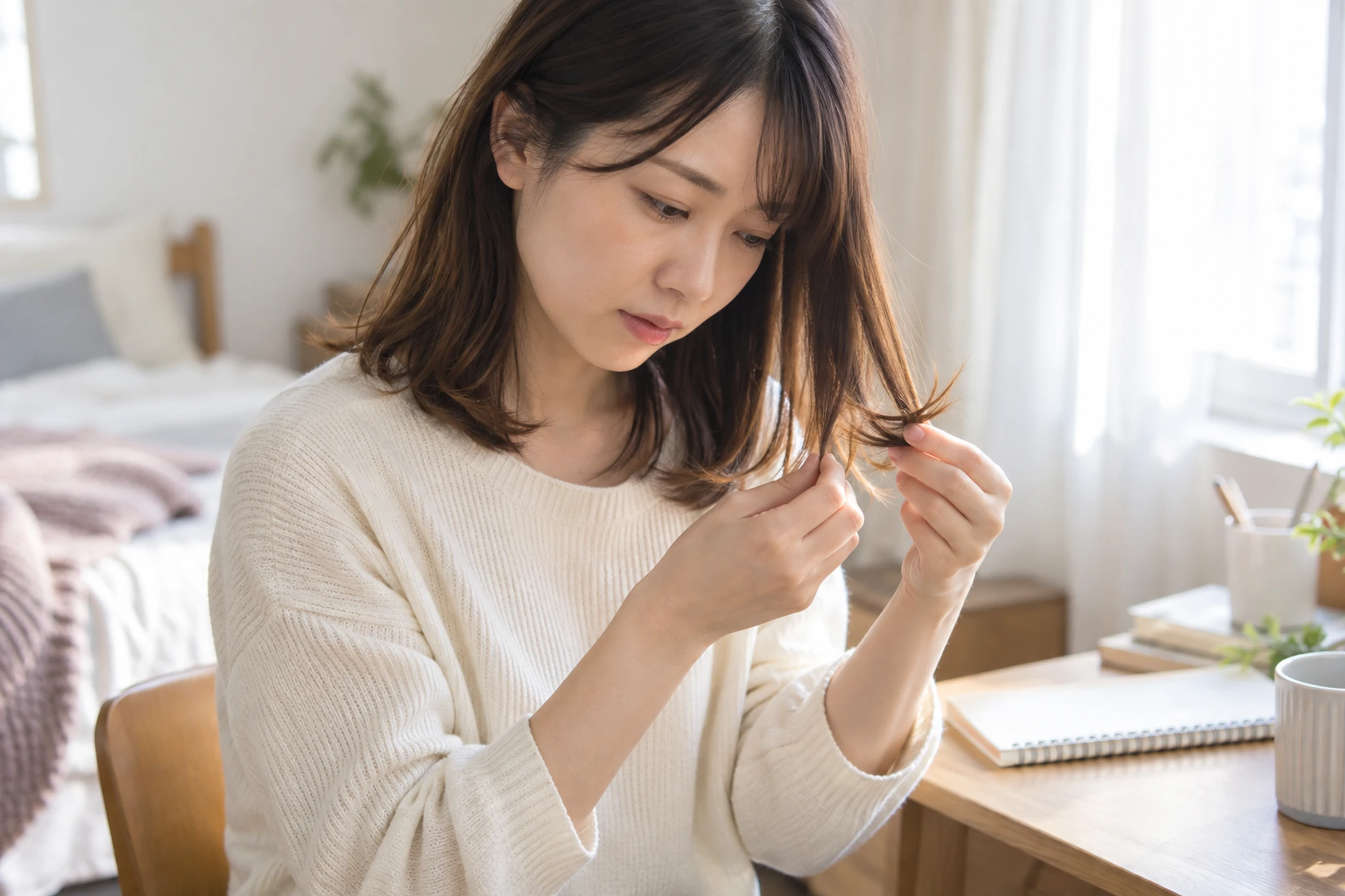 一人暮らしの女性が毛先の状態を手で確かめている様子