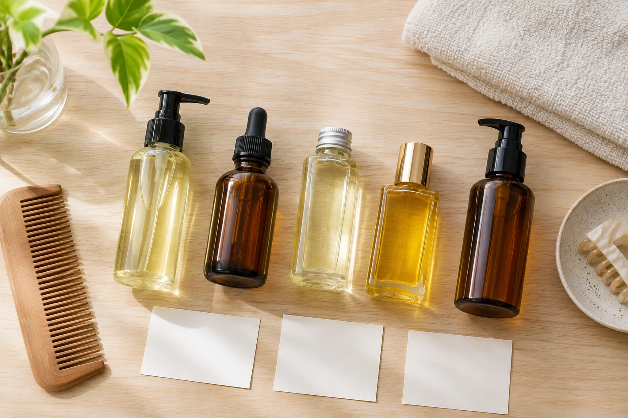 成分や使用感を比べるために無地のヘアオイルを並べた机