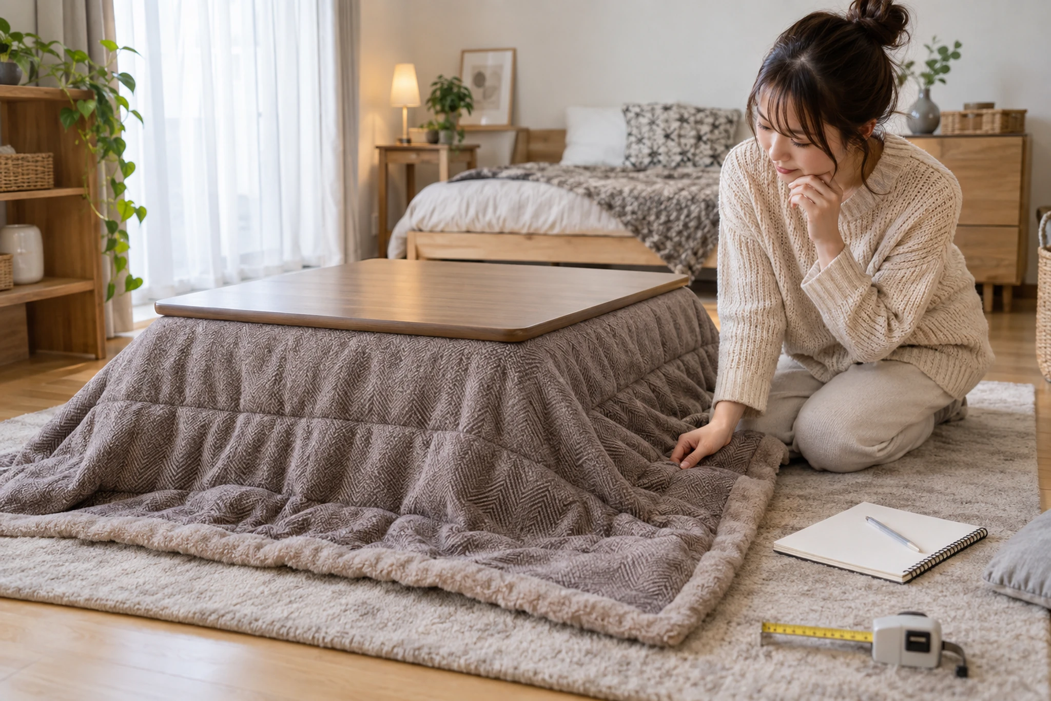 一人暮らしの部屋で一人用こたつを選ぶ女性