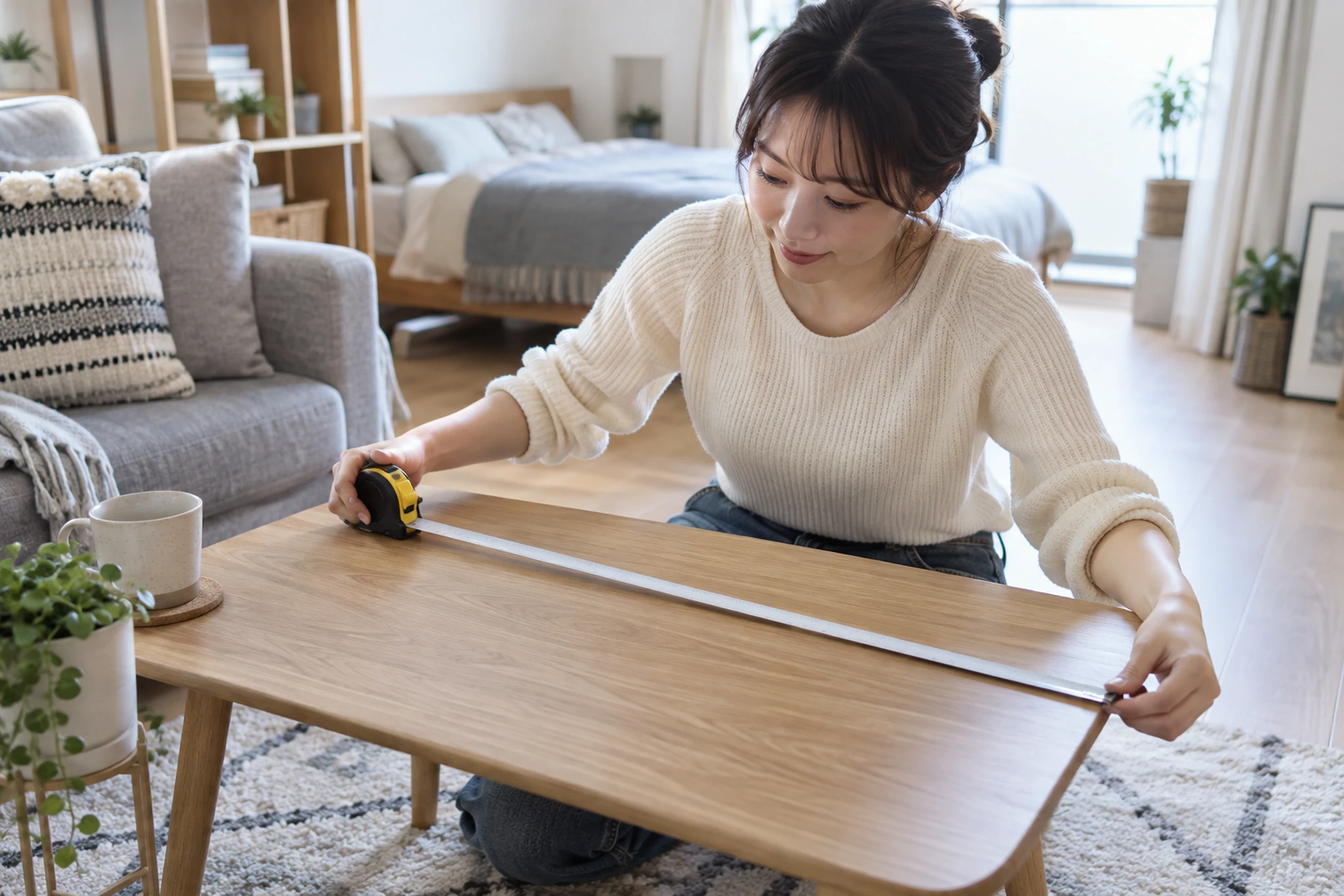 一人用こたつのサイズを測る女性