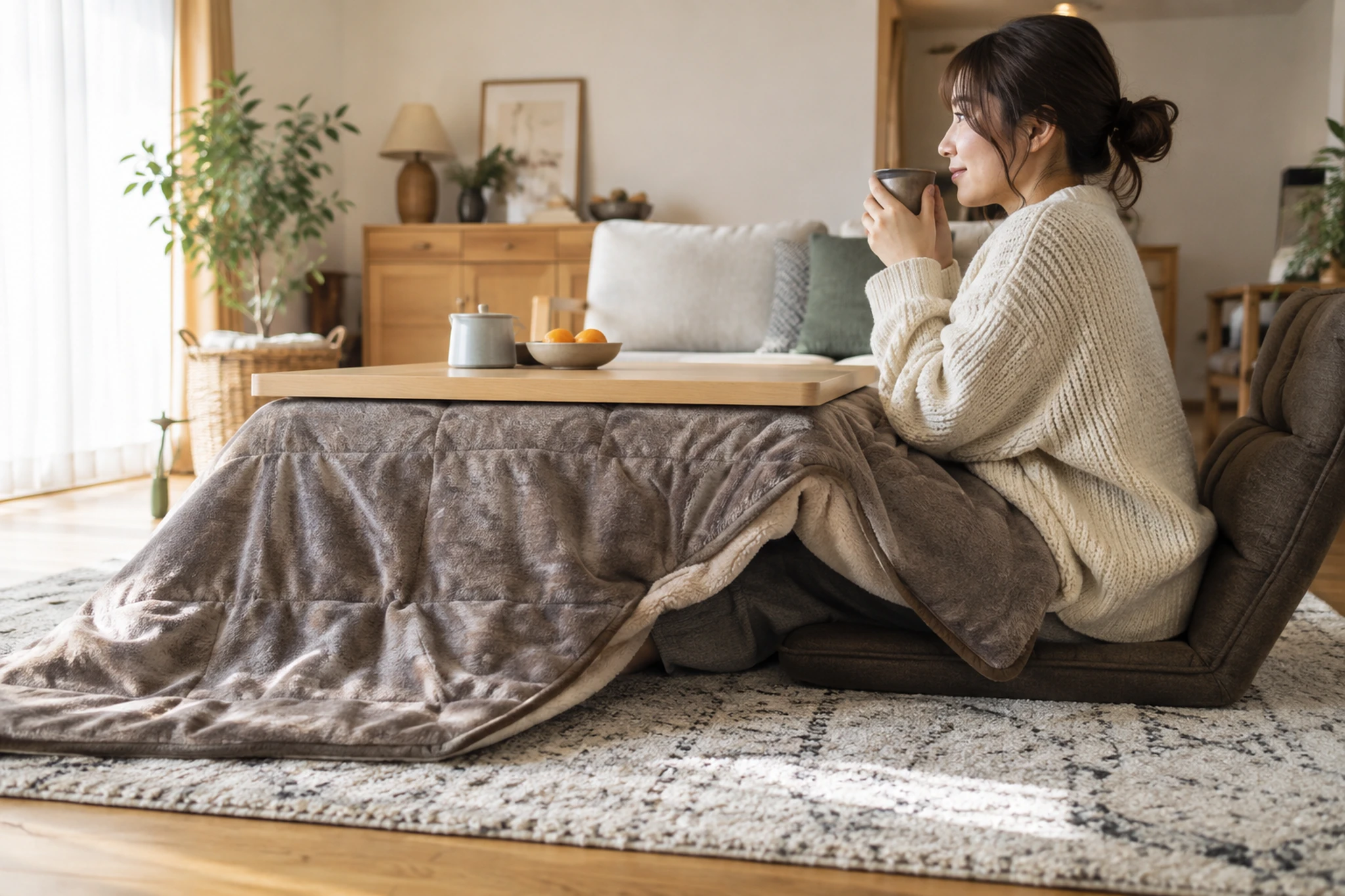 一人用こたつを使う姿勢と高さを確認する女性