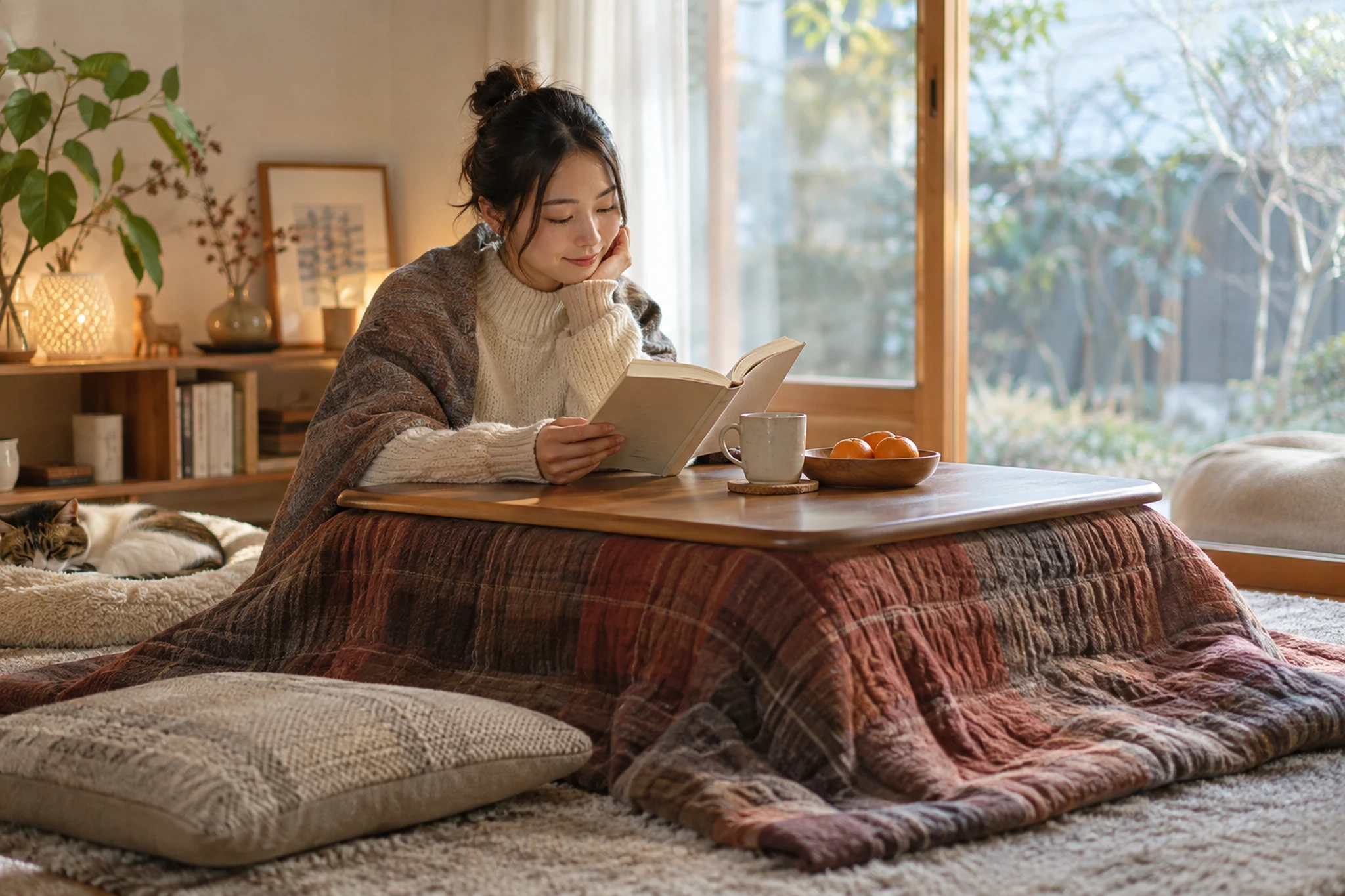 こたつの電源コードとプラグを点検する女性