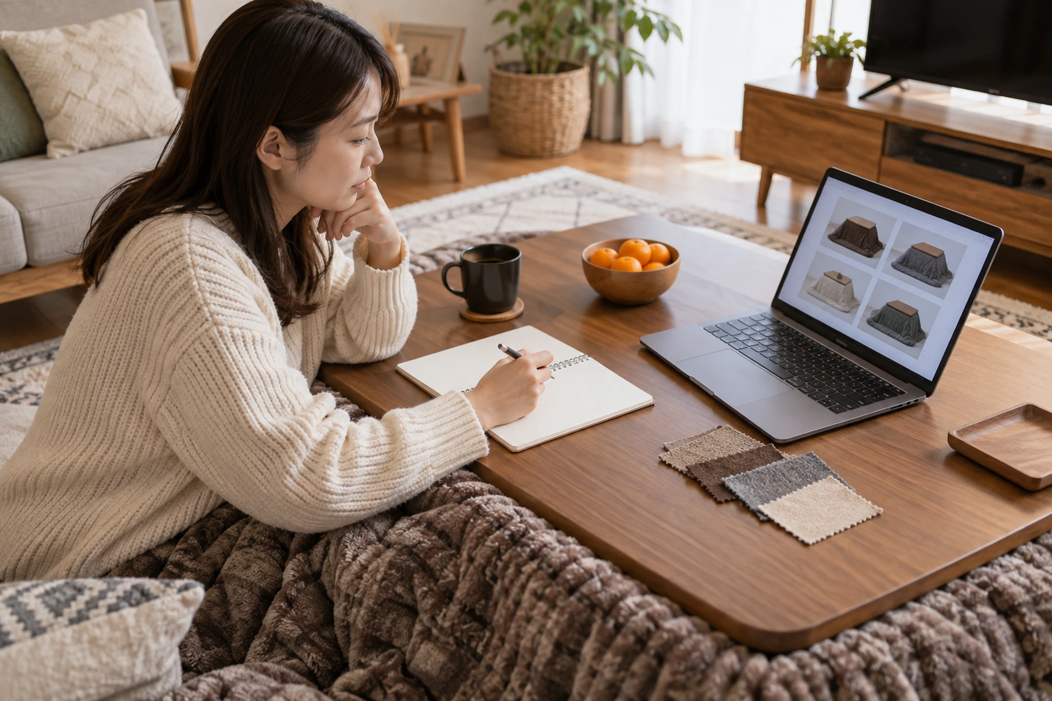 一人用こたつの購入条件をノートに整理する女性