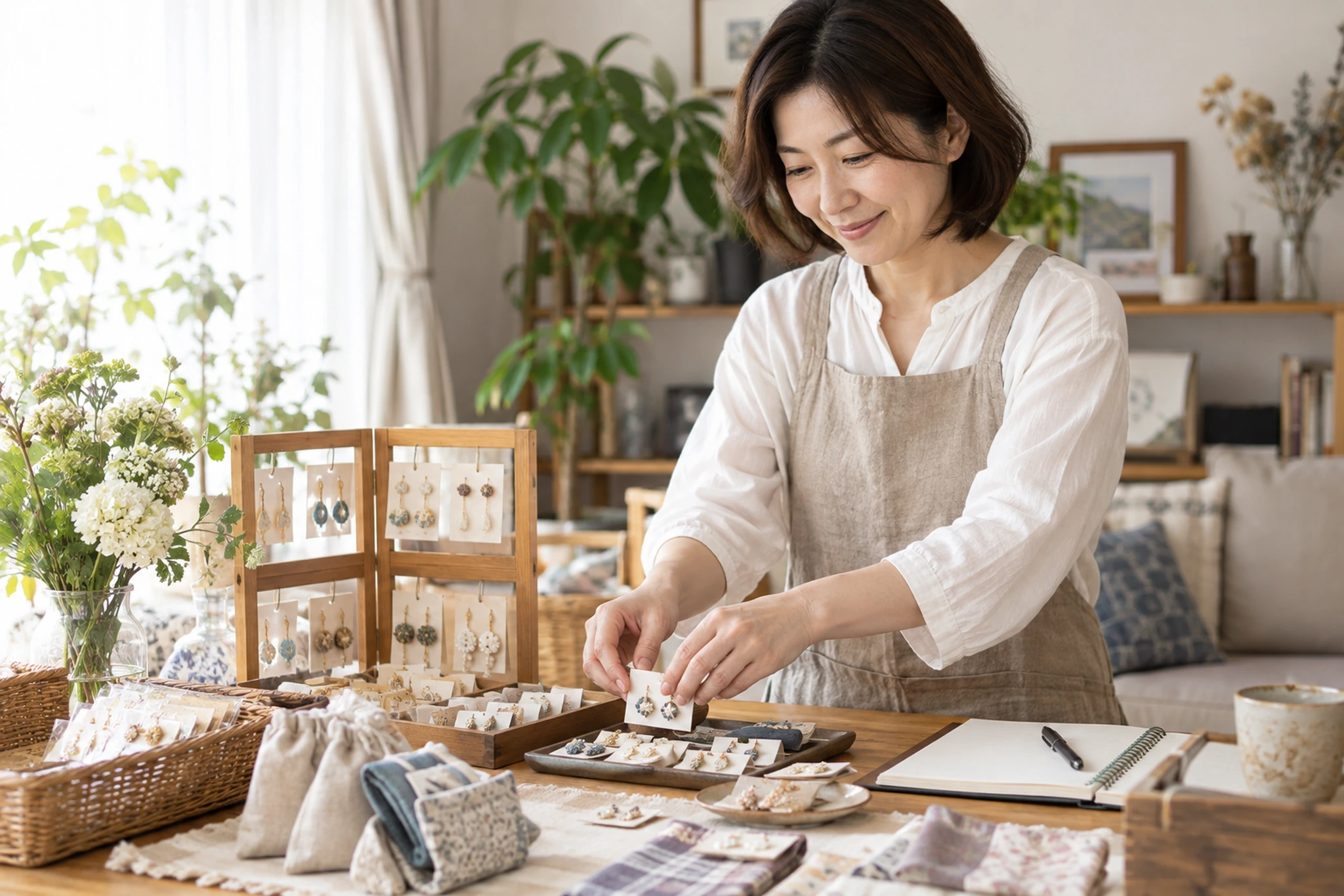 ハンドメイドマルシェへの出店準備をする日本人女性