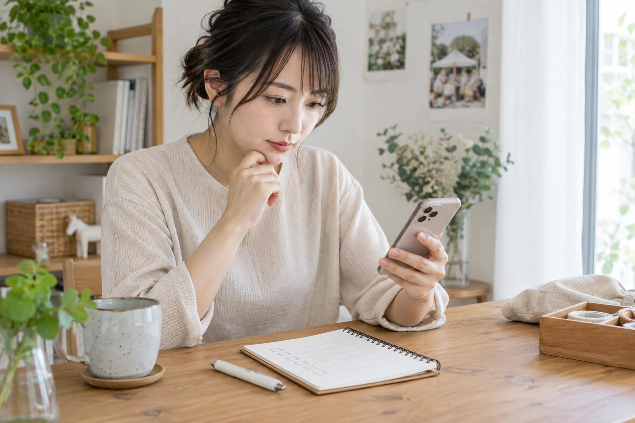 ハンドメイドマルシェの募集要項をスマートフォンで確認する女性