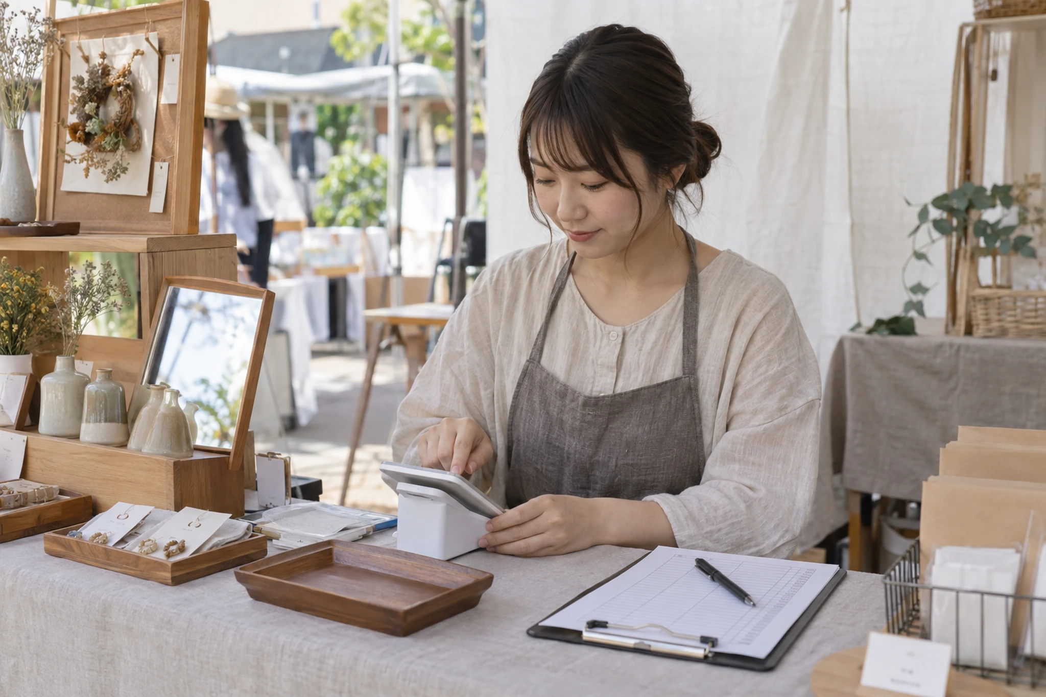 一人で会計できるよう値札と在庫表を確認する女性