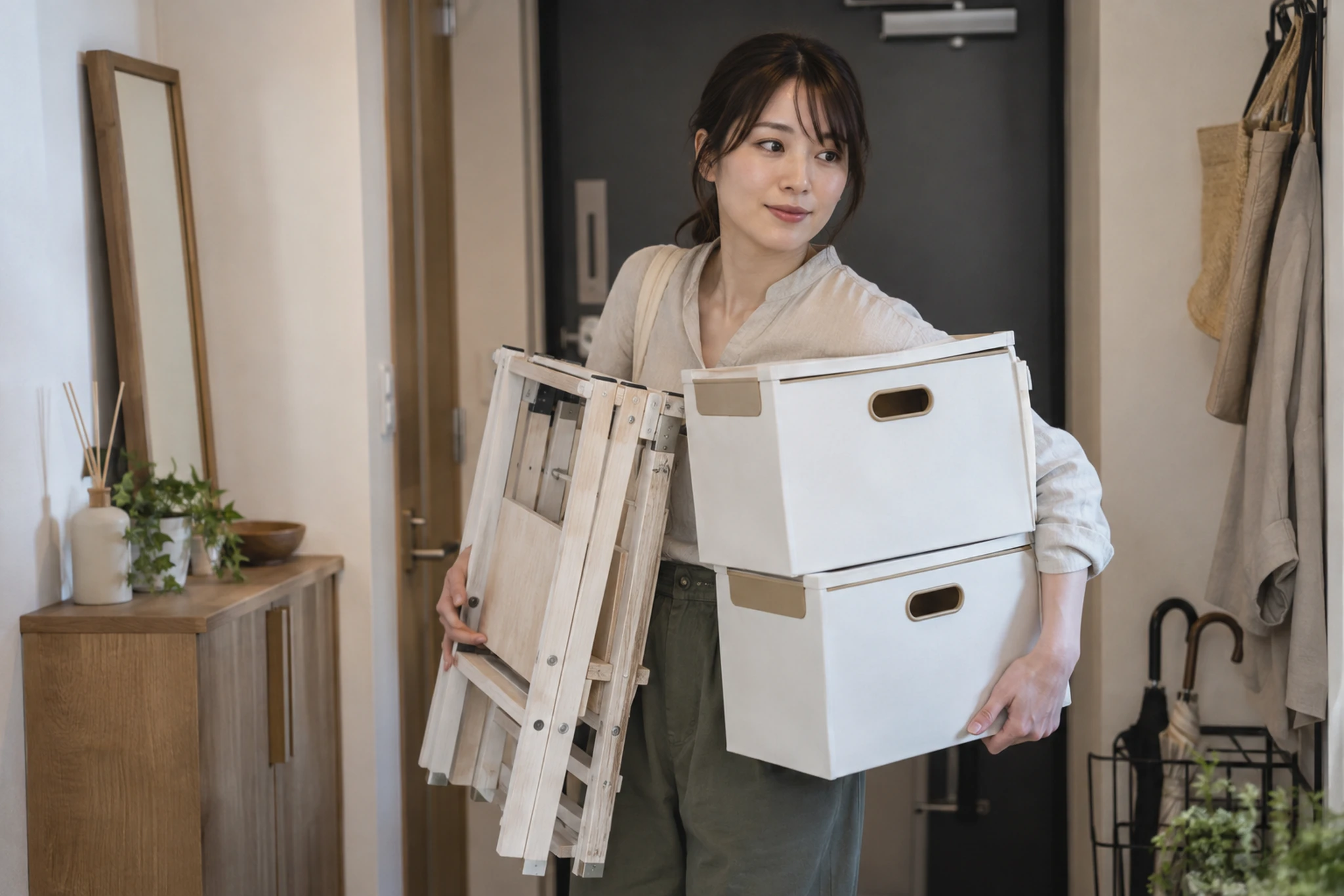 作品と什器を一人で搬入・撤収できる量にまとめる女性