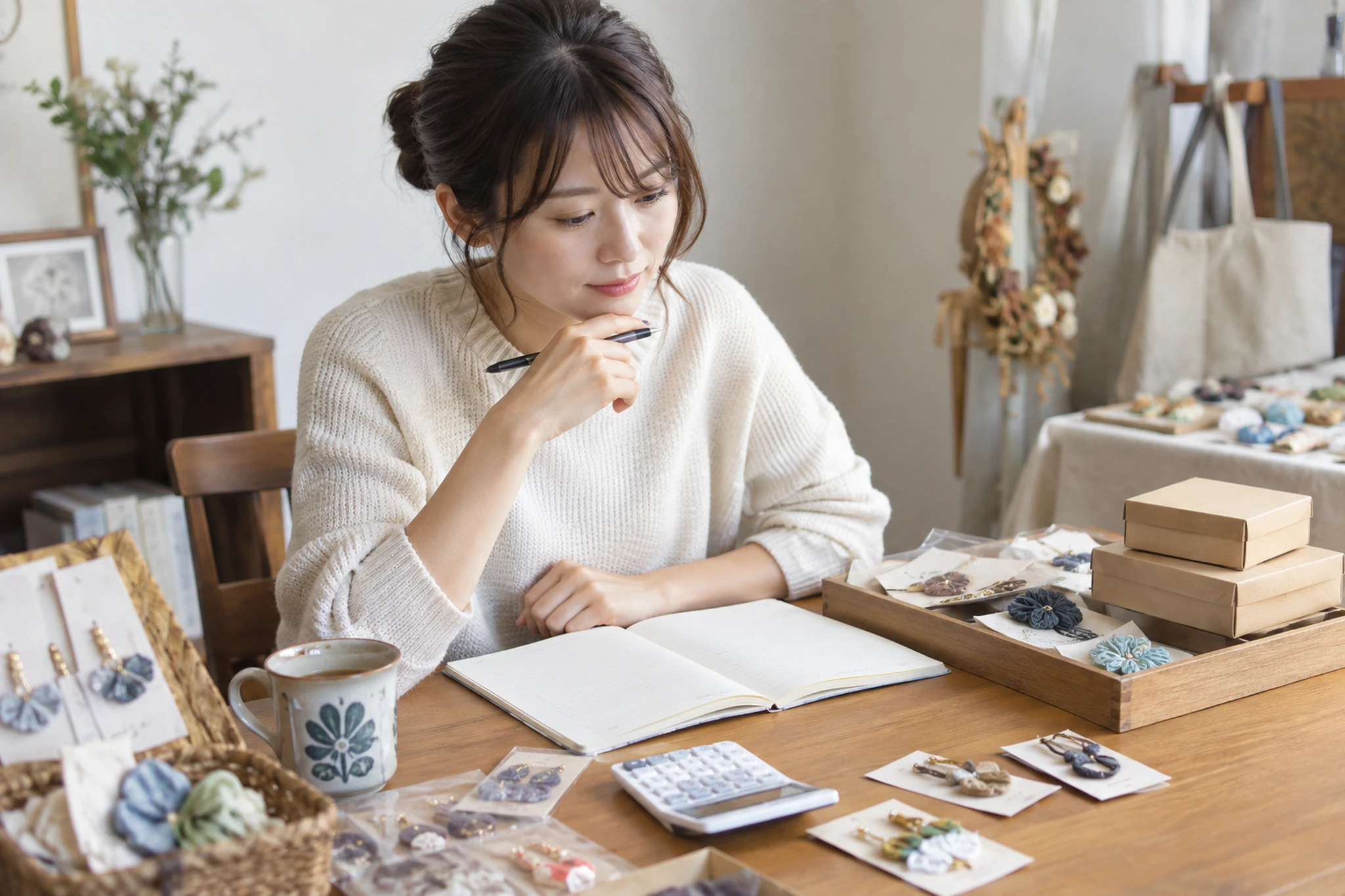 マルシェ出店後の売上と気づきをノートへ記録する女性