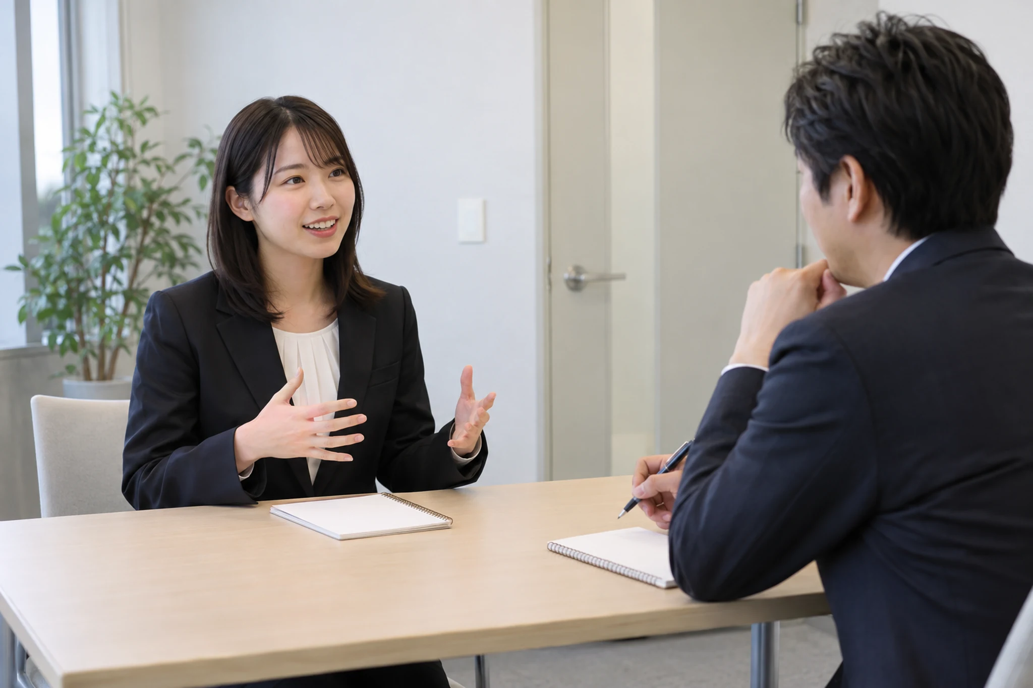 履歴書に書いた趣味について面接で話す練習をする場面