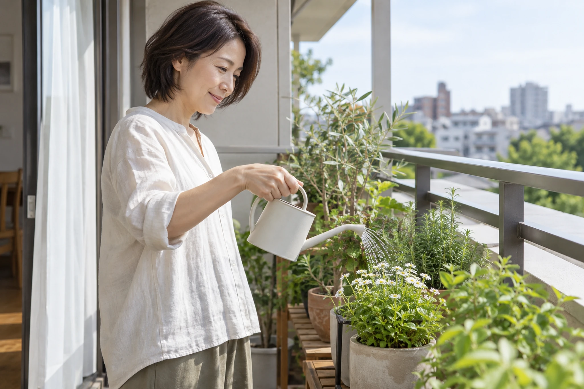 土の乾き具合を指で確認する場面