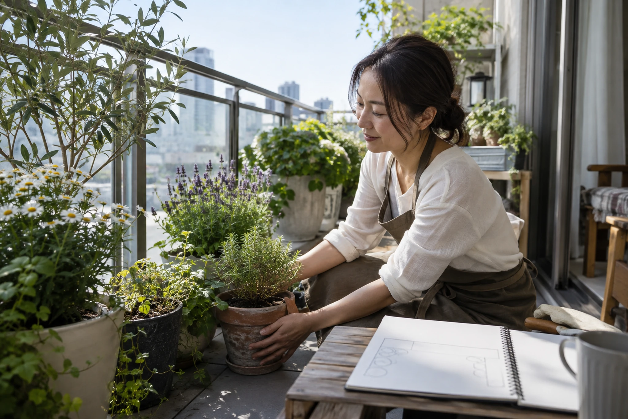 鉢へ水を与える量とタイミングを考える場面