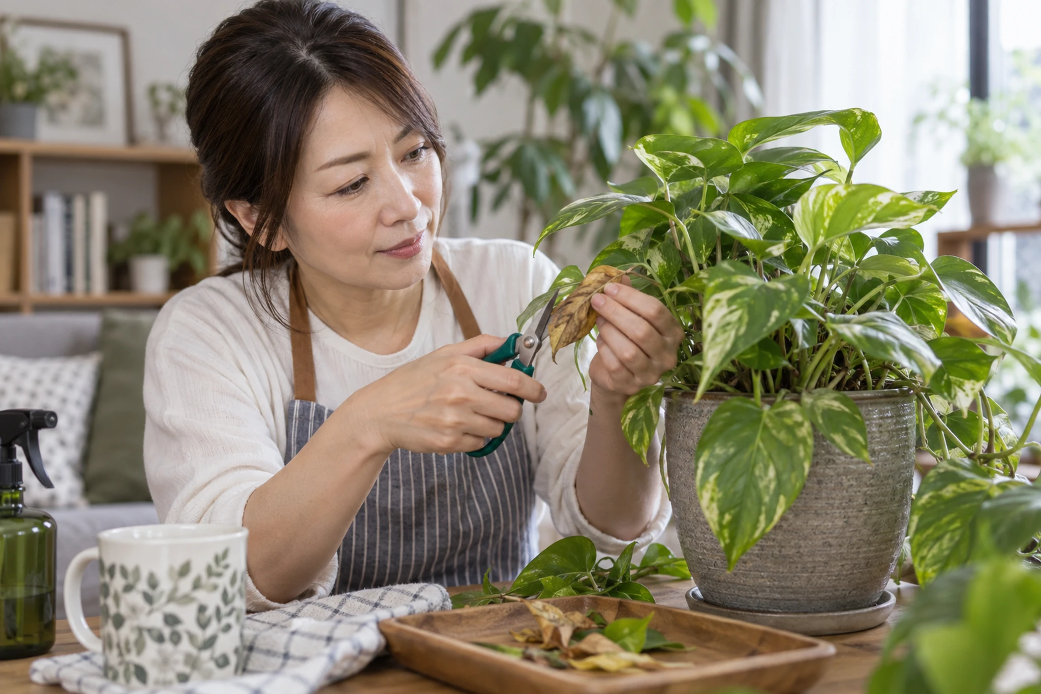 暑さや雨の日に植物を移動する場面