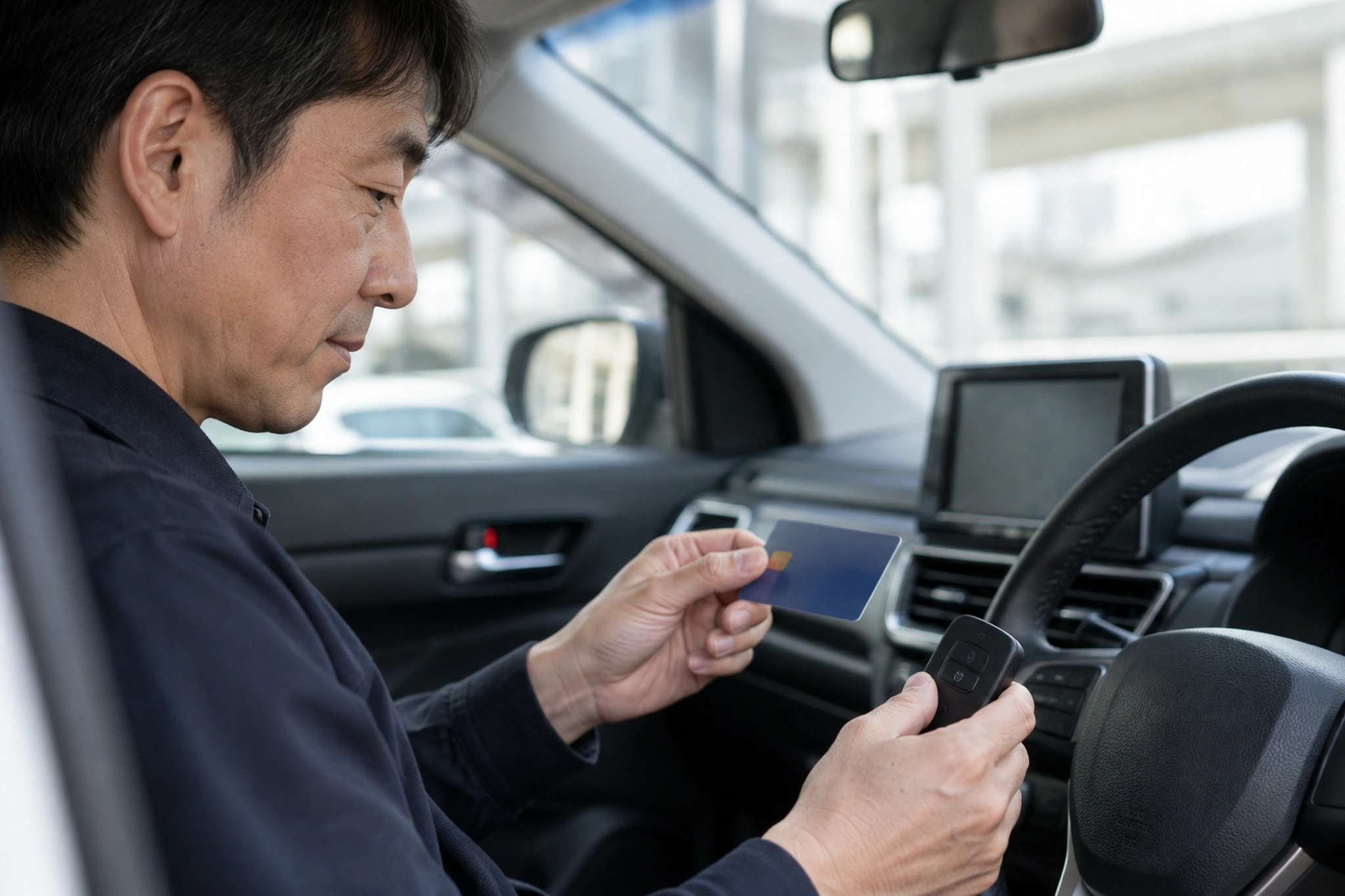 ETCカードと車の鍵を準備する場面