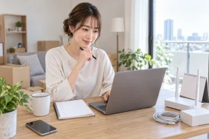 一人暮らしのインターネット開通準備をする女性